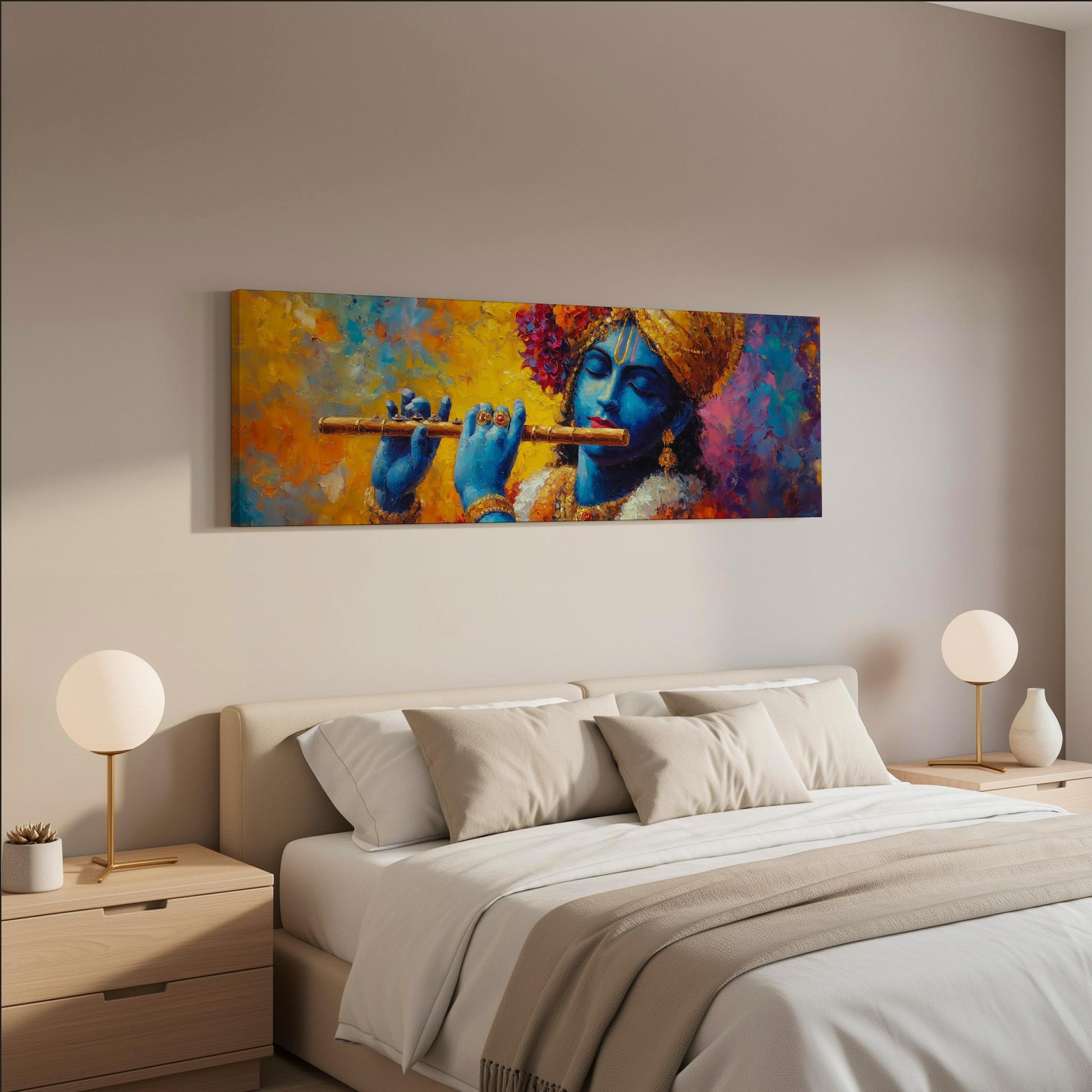 a bedroom with a large painting of a blue-skinned man playing a flute on the wall above a bed with white bedding.