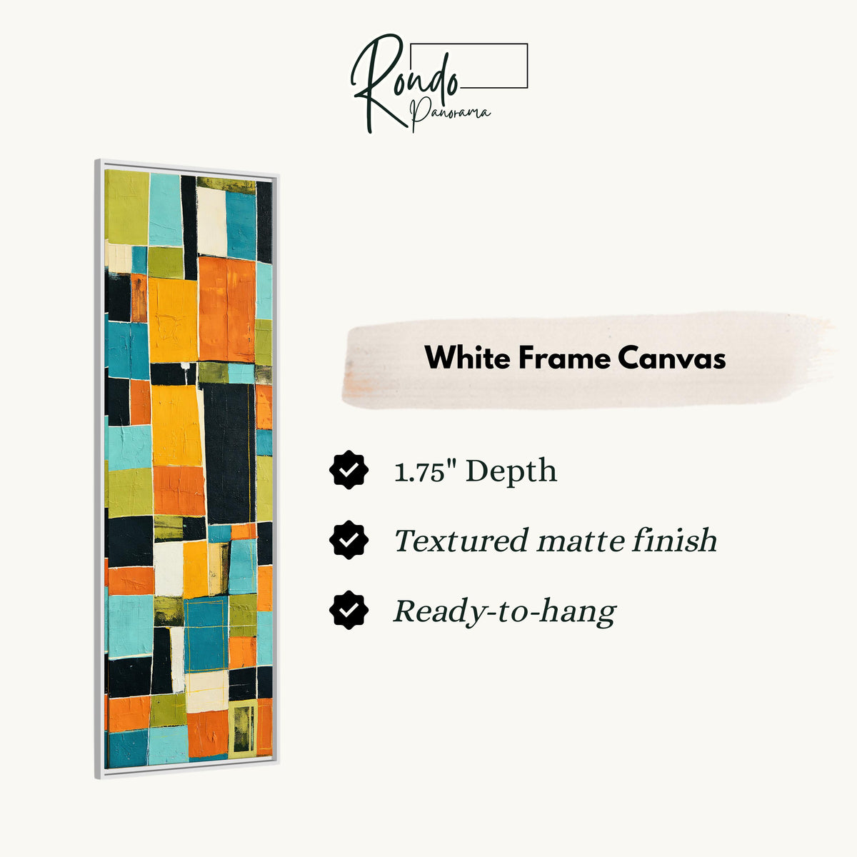 Bold mustard and teal patchwork blocks canvas print in a white floating frame