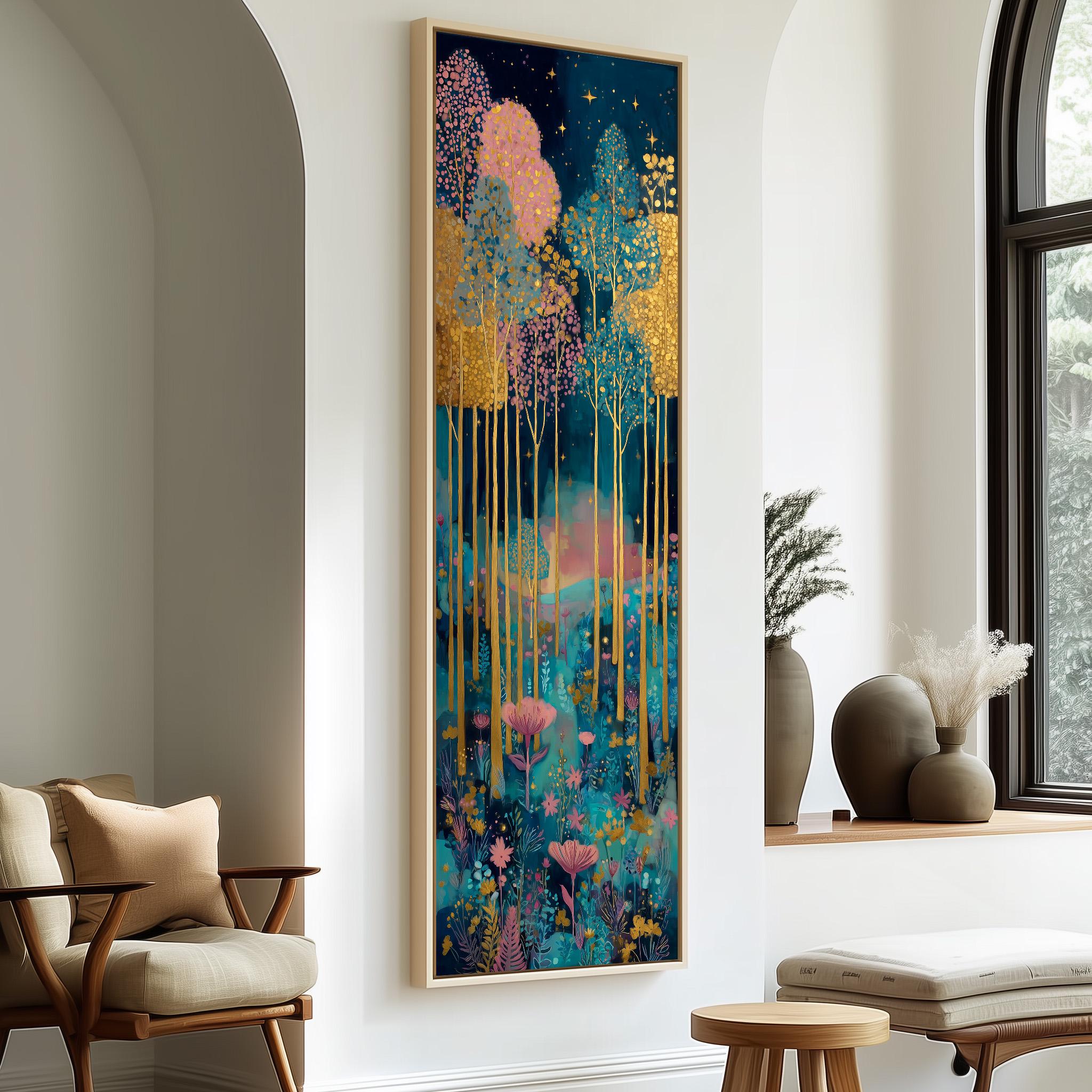 a large, colorful painting of a forest scene hanging on a wall in a room with a wooden chair and a small table.