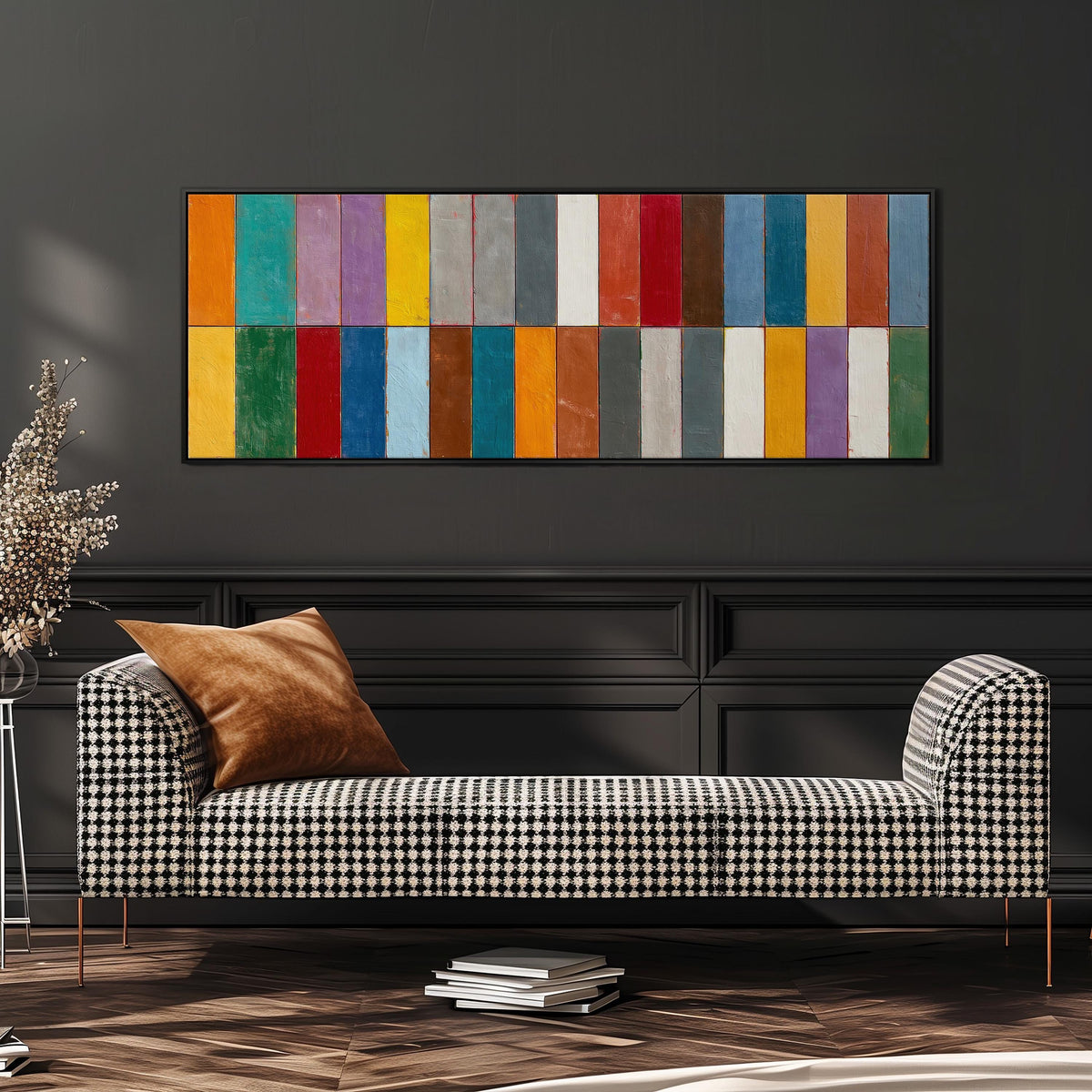 Bright color block rows wide panoramic canvas print above a bench in a dark living room