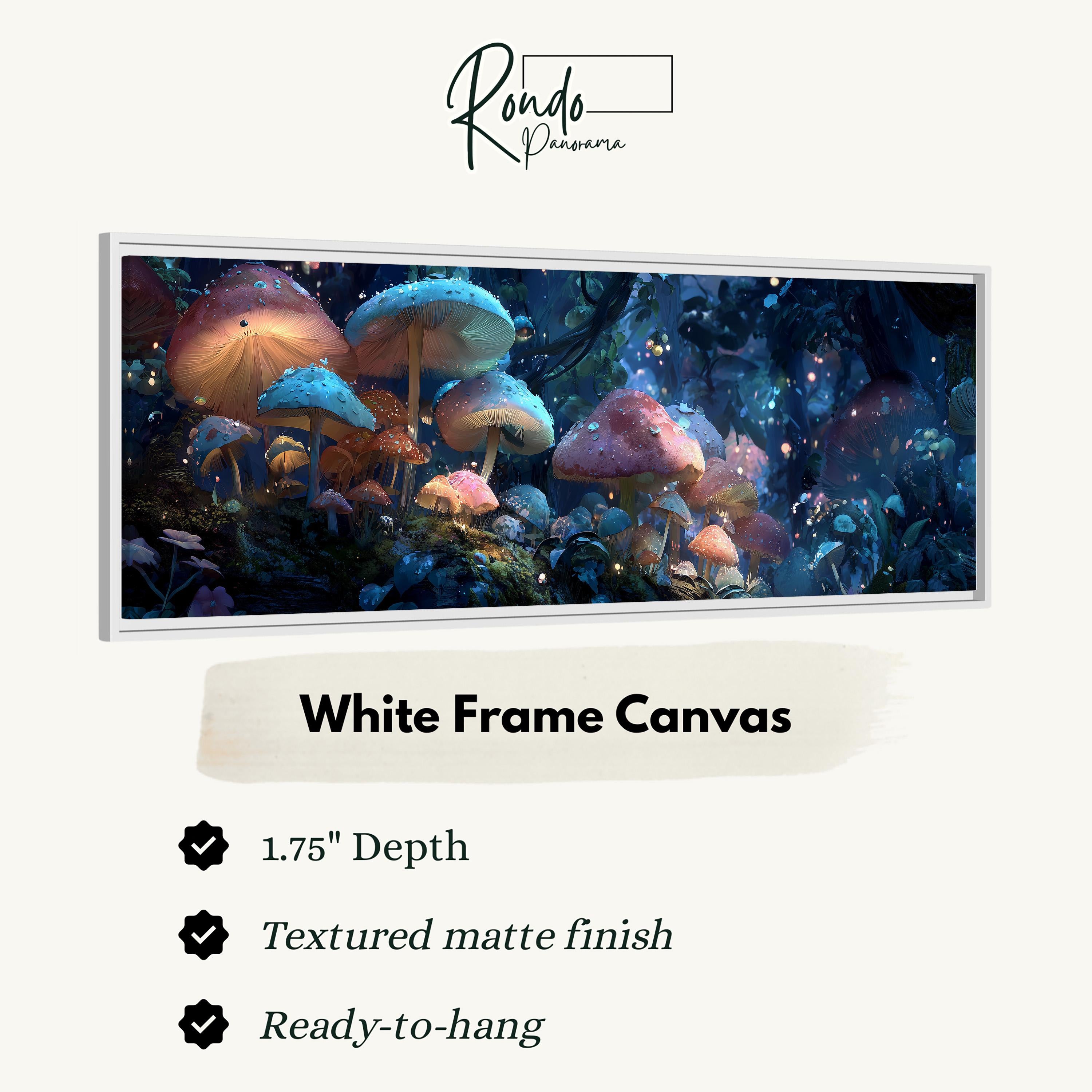 The image is a white frame canvas depicting a fantastical scene of mushrooms and other fantastical creatures in a lush, magical forest.