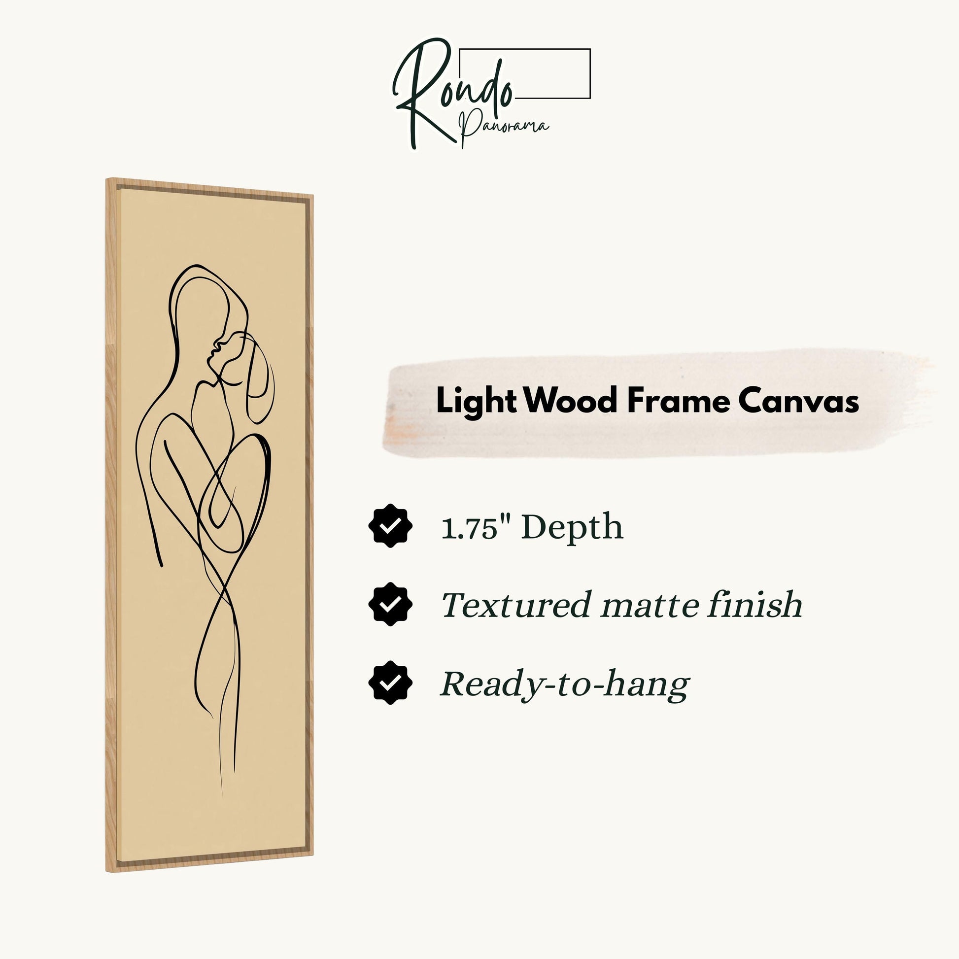 The image is a light wood frame canvas featuring a simple line drawing of a man and a woman.