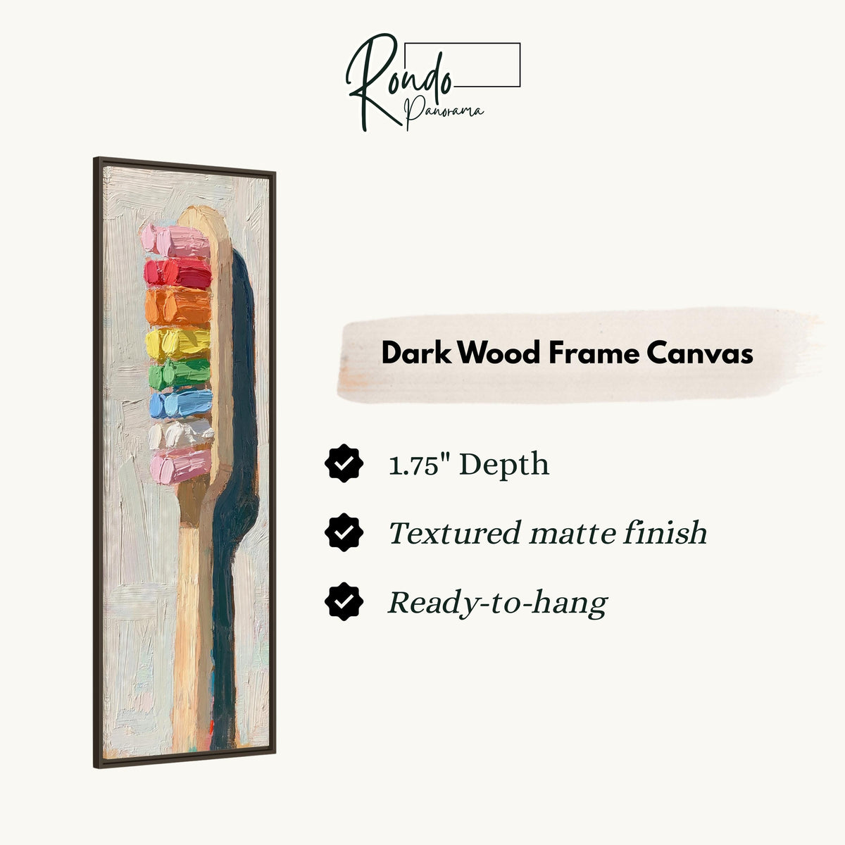Toothbrush with rainbow toothpaste canvas print in a dark wood floating frame
