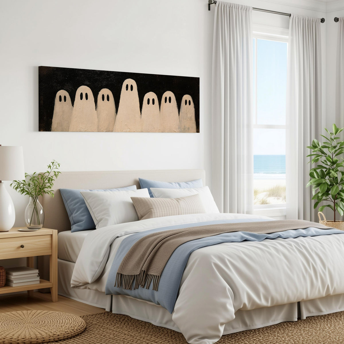 Friendly ghost gang panoramic canvas print above a bed in a coastal bedroom