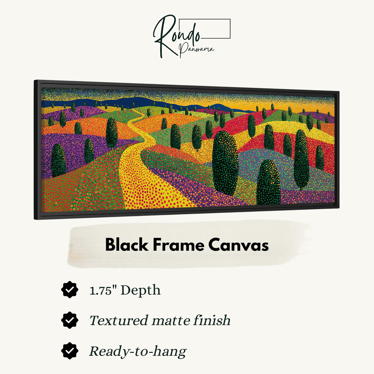 Colorful dotted garden with a winding path canvas print in a black floating frame