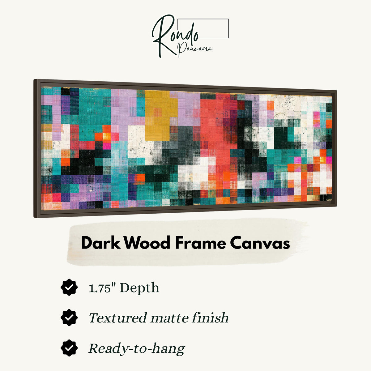 Teal and coral patchwork color blocks canvas print in a dark wood floating frame
