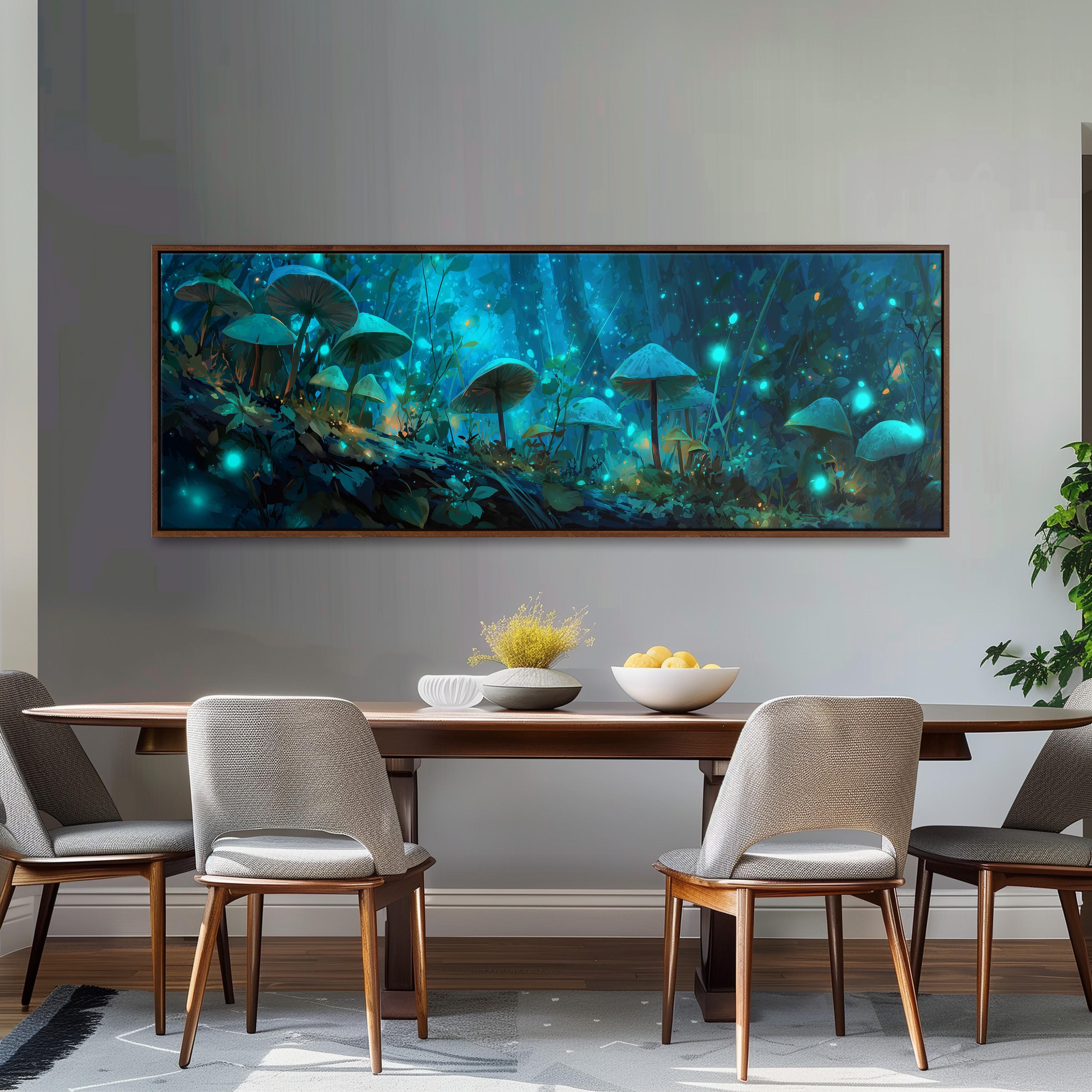 a dining room with a large, framed painting of a mushroom forest hanging on the wall above a wooden dining table with four chairs. The painting has a blue and green color scheme, creating a whimsical and enchanting atmosphere.
