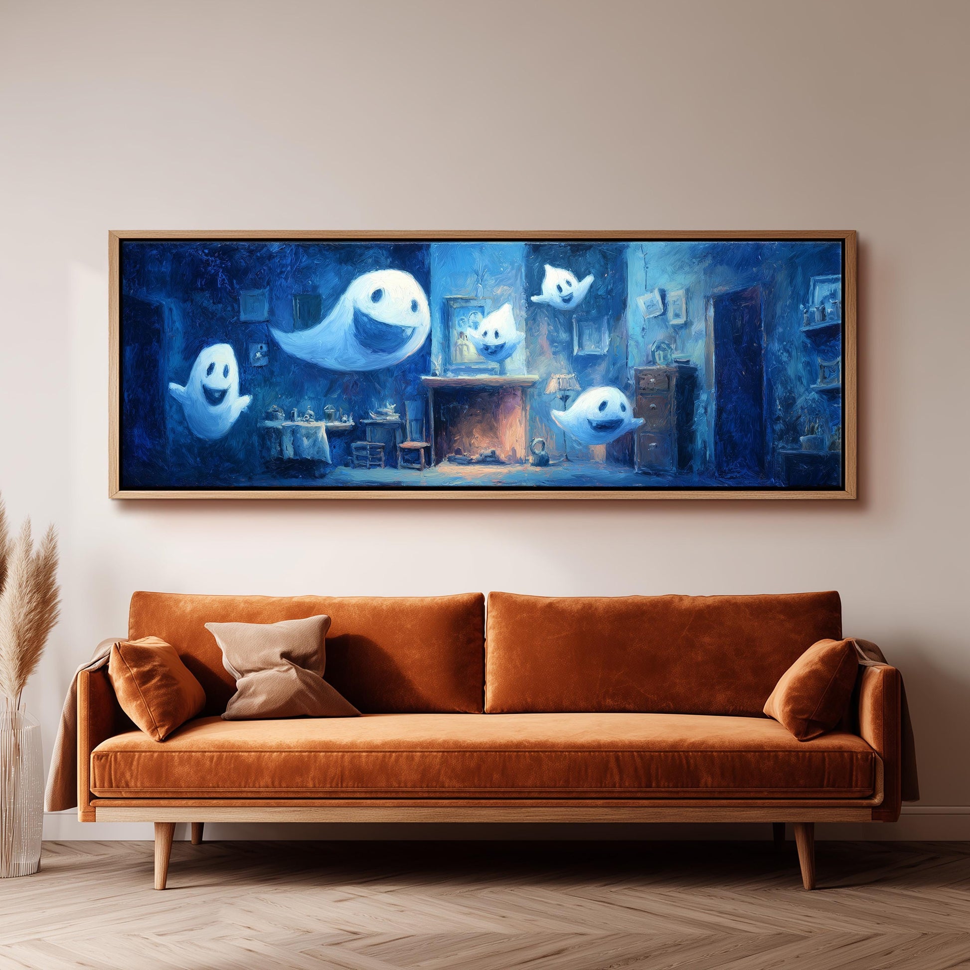 a large painting of a room with a fireplace and several ghostly figures floating around it, hanging on a wall above a brown sofa.