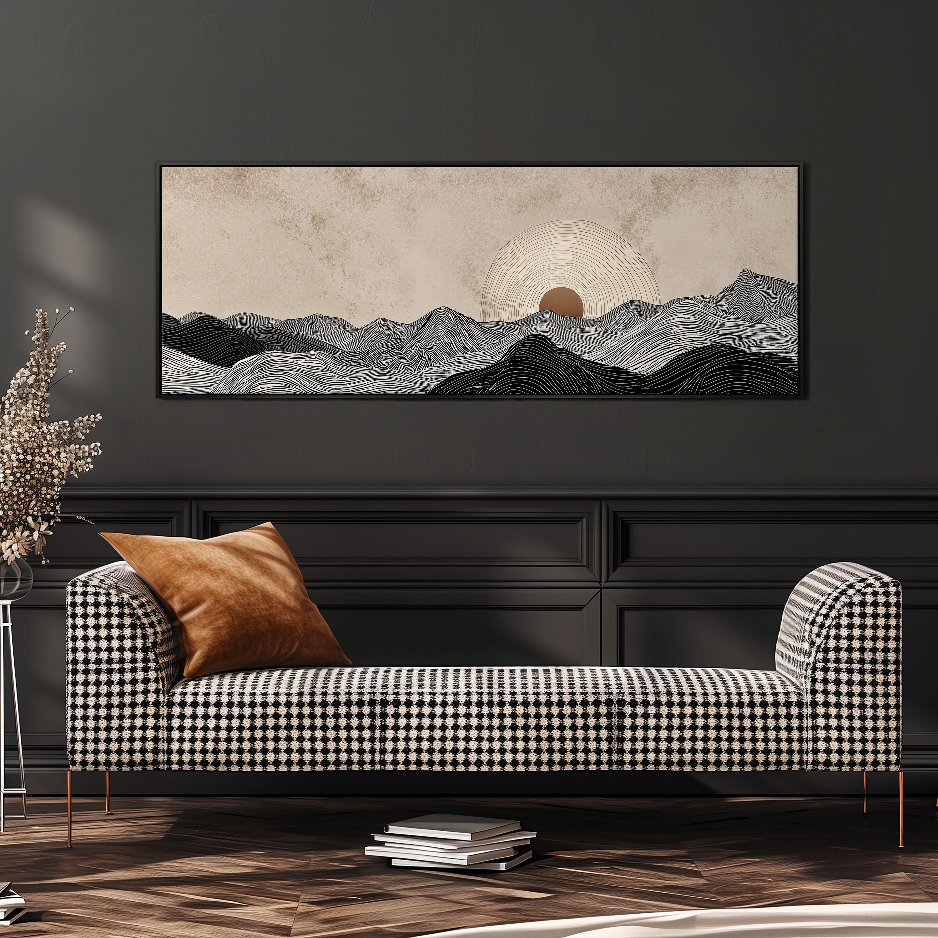 a modern living room with a black and white checkered sofa, a large abstract landscape painting on the wall, and a stack of books on the floor.