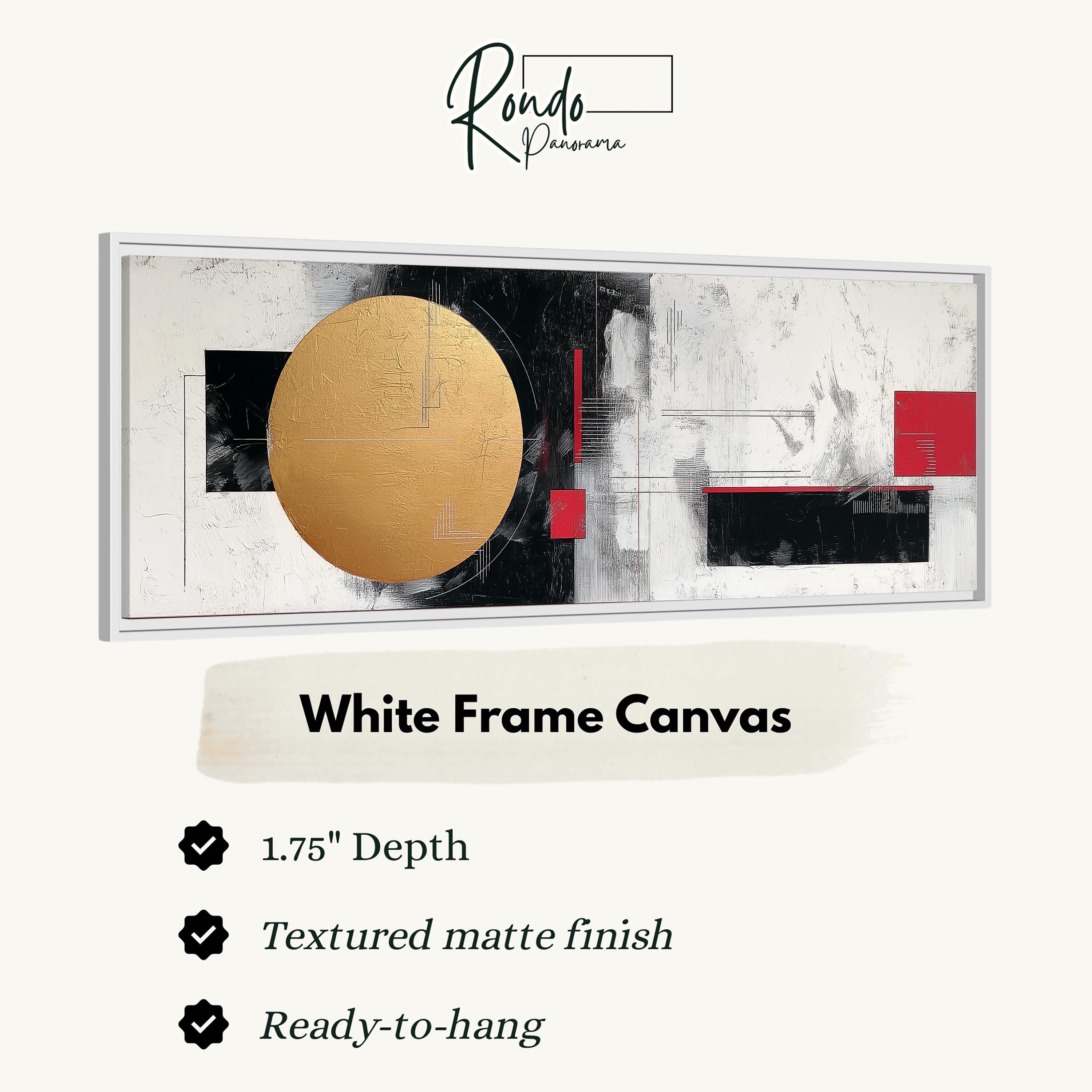 The image is a framed artwork with a white frame and a black and white abstract design featuring a gold circle and red squares.