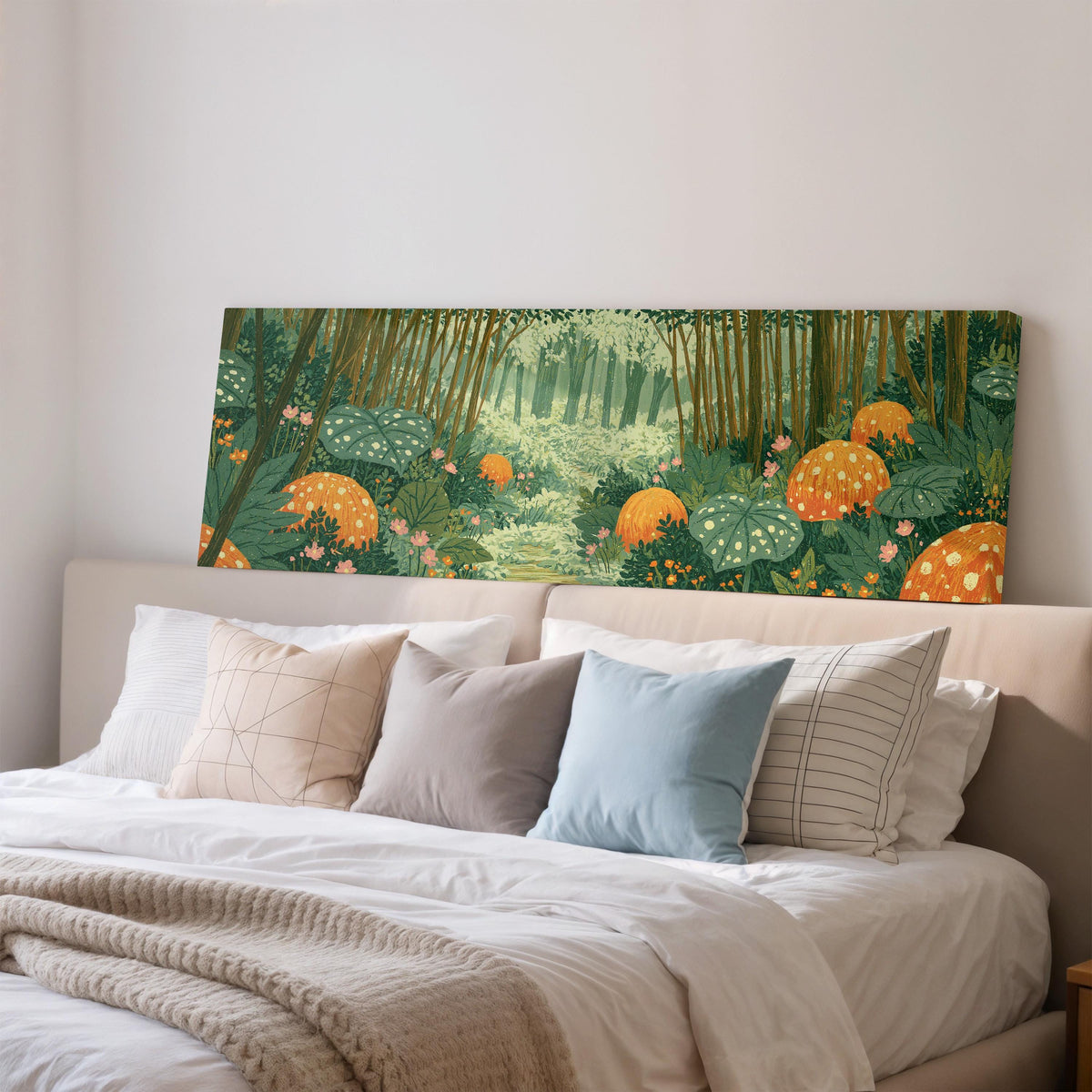Amber mushroom forest wide panoramic canvas print above a bed in a bedroom
