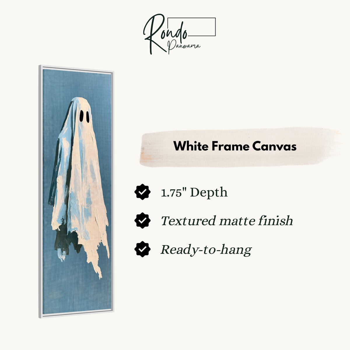 Folk art ghost on blue canvas print in a white floating frame