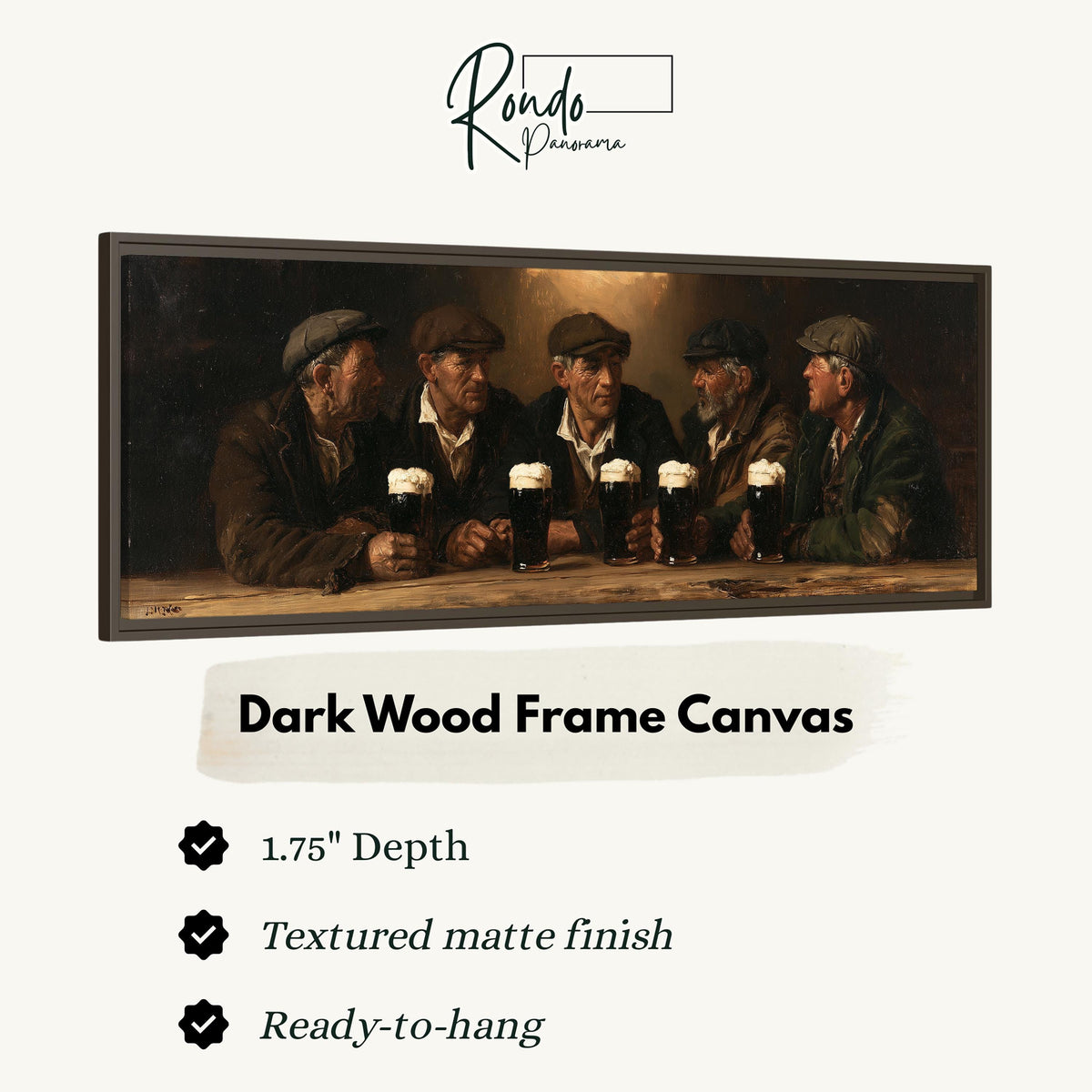Friends toasting with stout in an Irish pub canvas print in a dark wood floating frame
