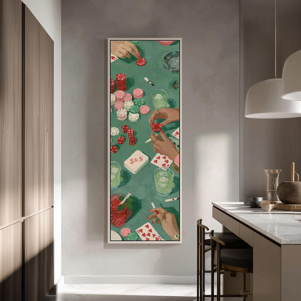 Poker table with chips, cards and dice tall skinny canvas print in a modern kitchen