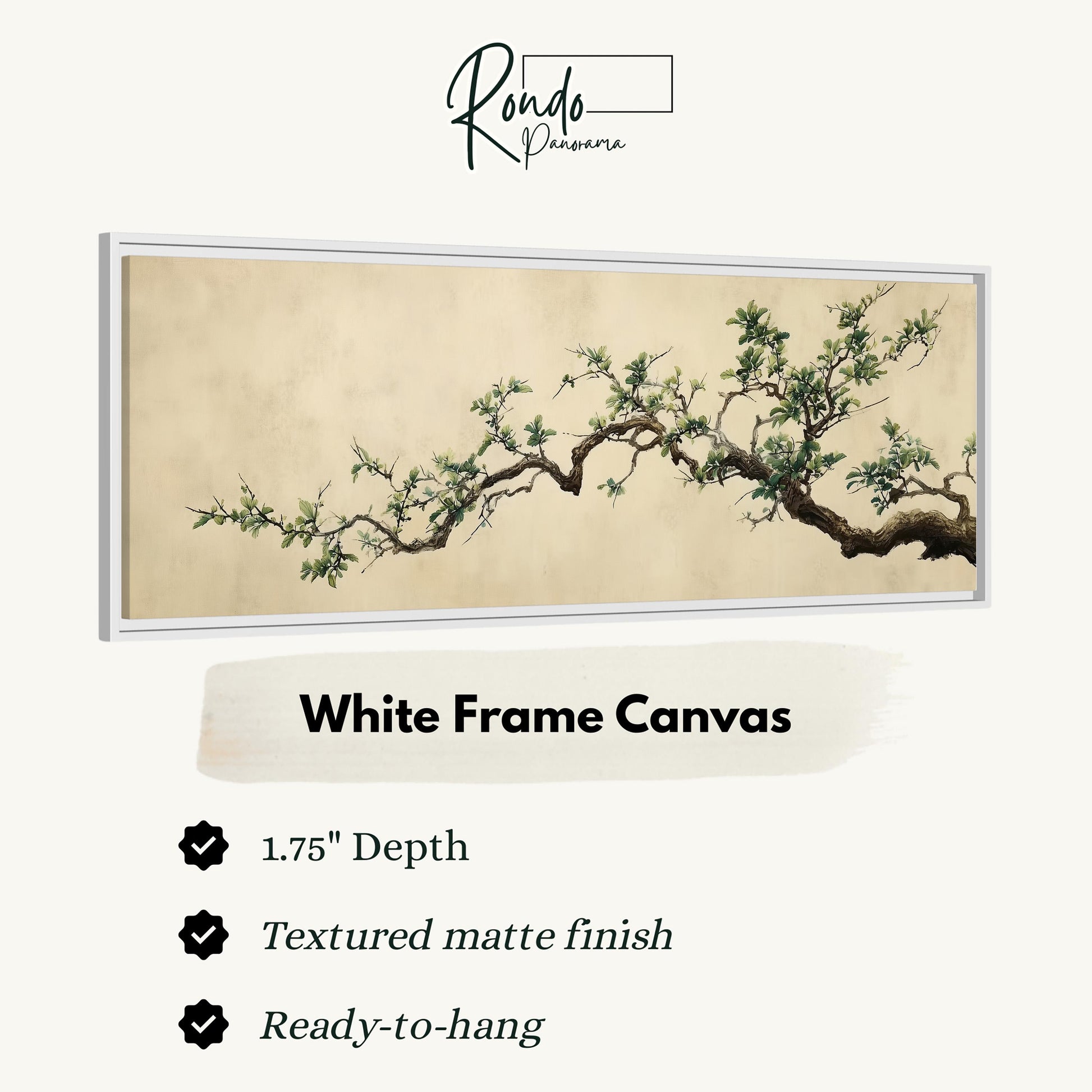 The image is a framed artwork depicting a branch with green leaves and branches, hanging on a wall.