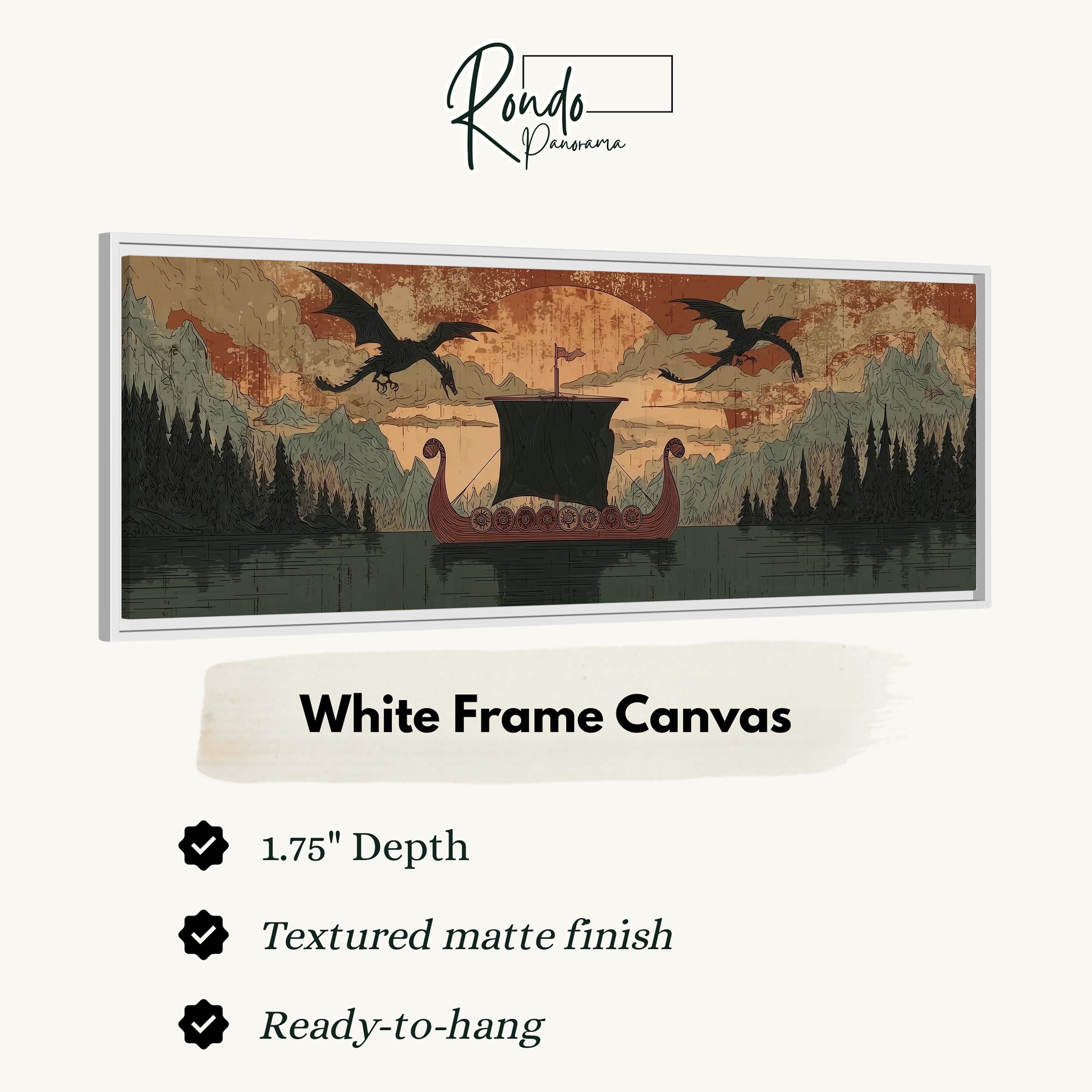 The image is a white frame canvas depicting a dragon boat on a lake with mountains in the background.