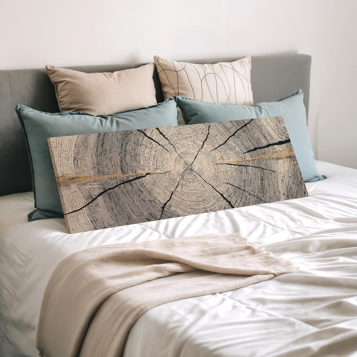 Pale gold wood ring wide panoramic canvas print laid on a bed to show its size