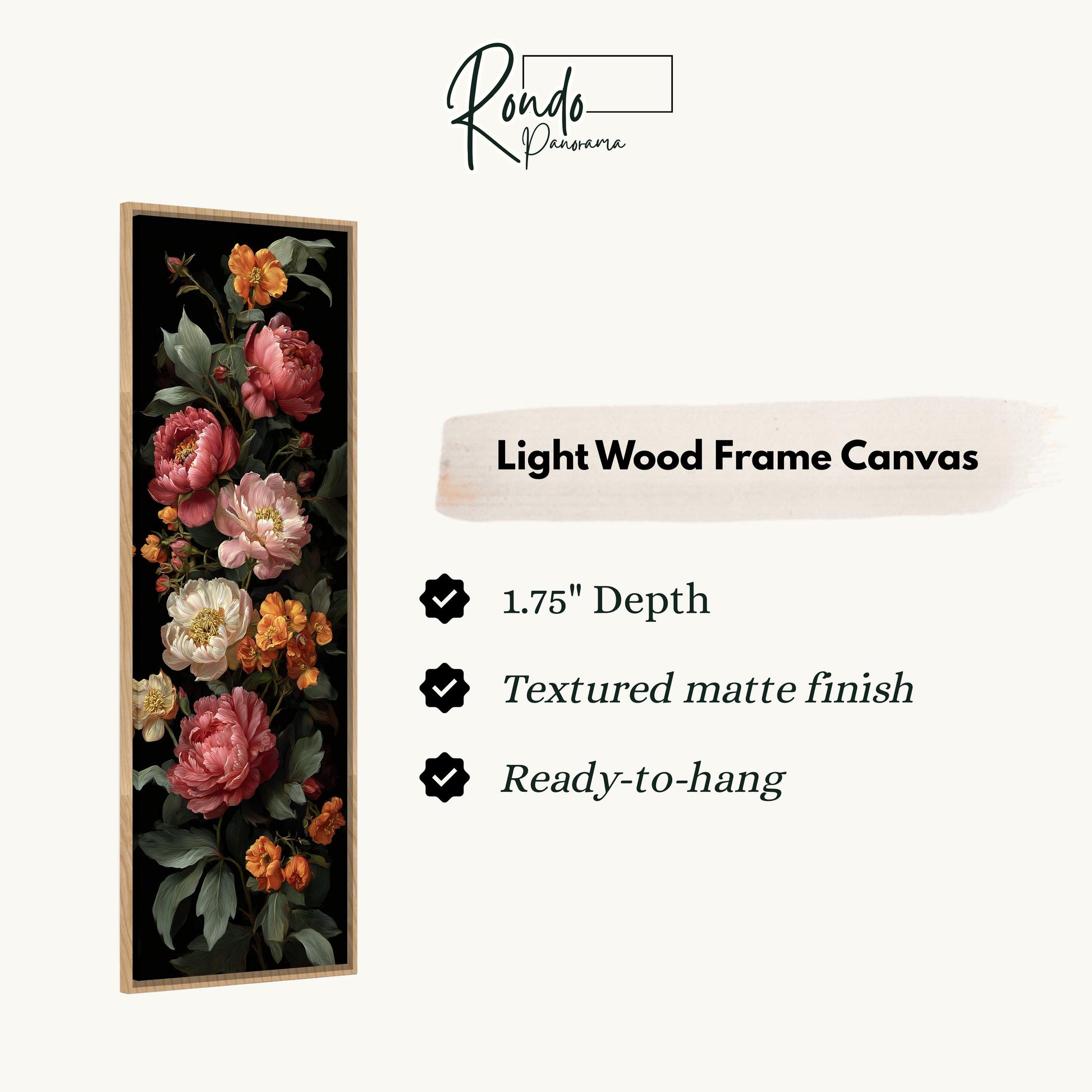 The image is a light wood frame canvas featuring a floral design with pink and white flowers.