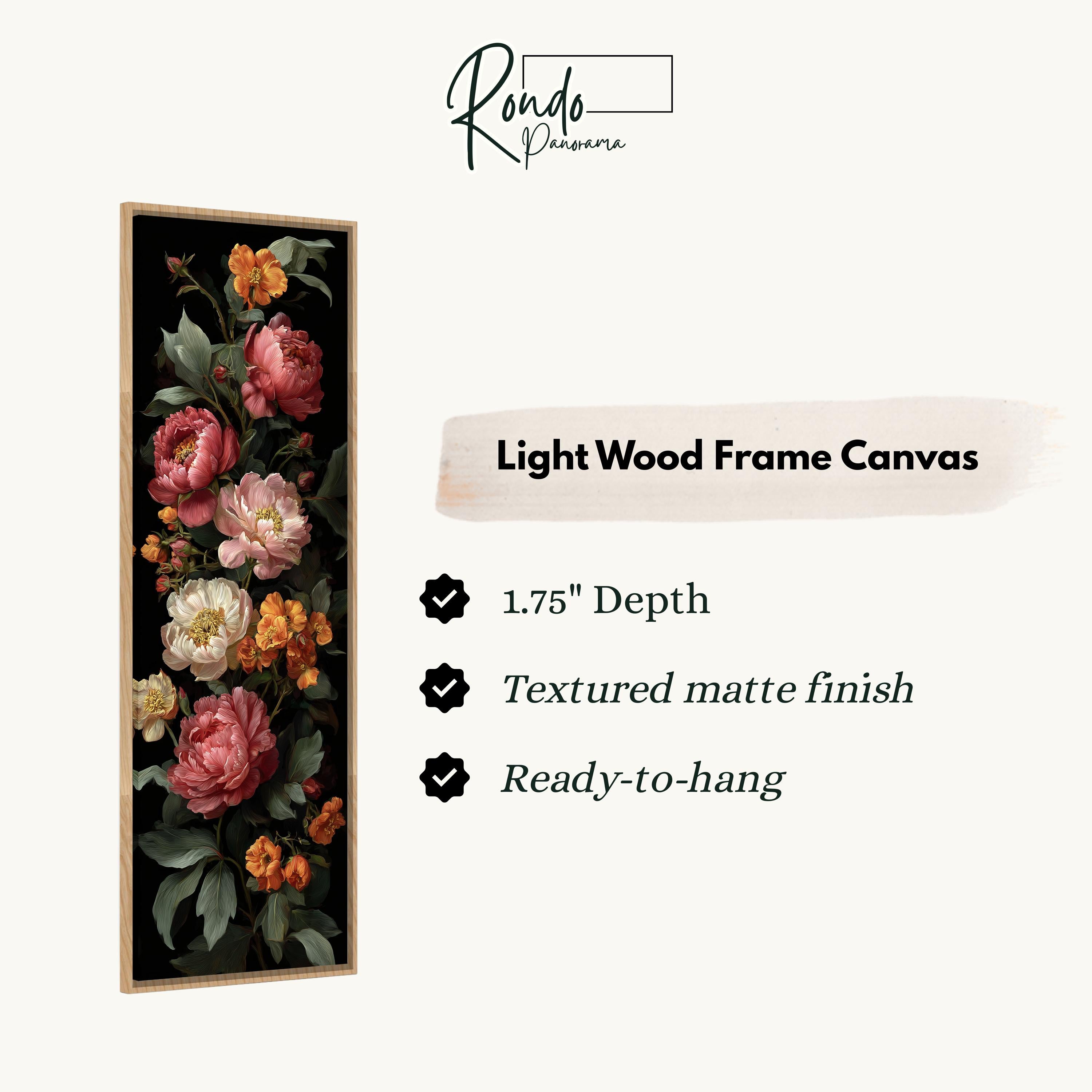 The image is a light wood frame canvas featuring a floral design with pink and white flowers.