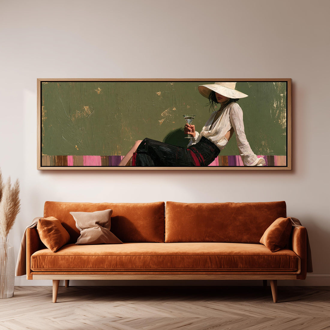 Elegant woman in a white hat holding a martini long horizontal canvas print above a sofa in a living room