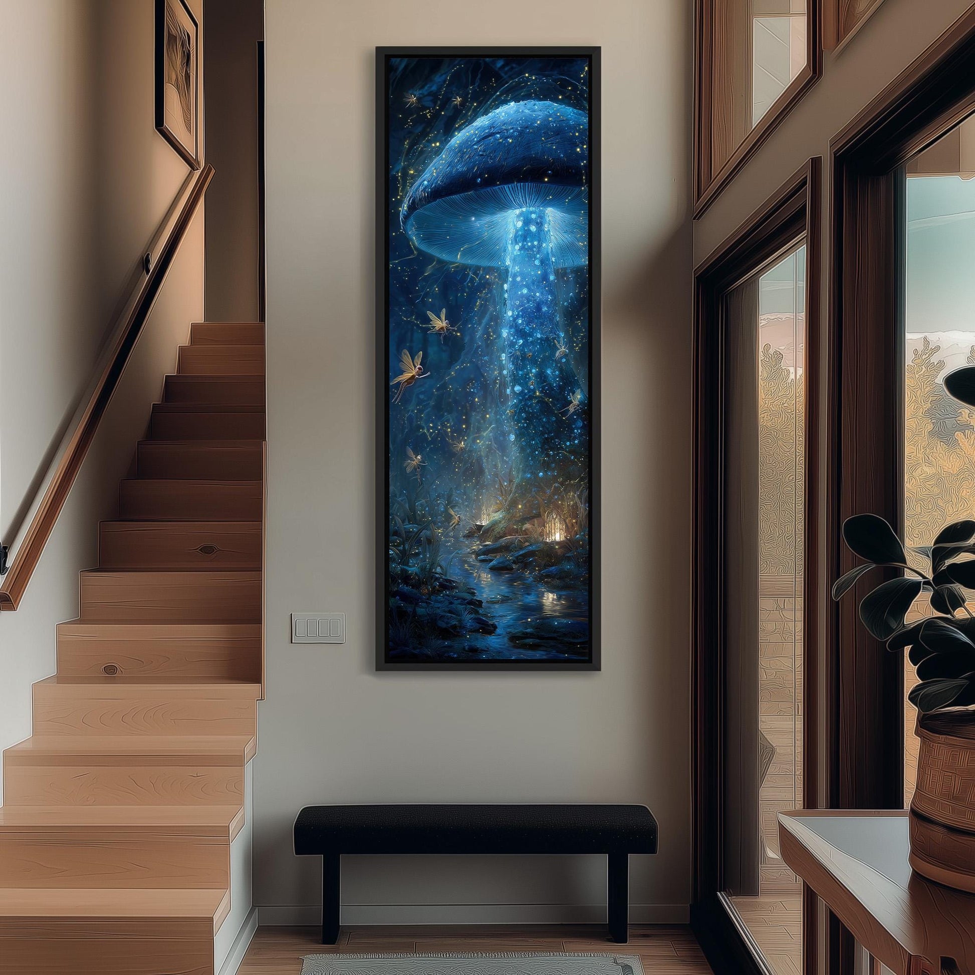 a large, colorful painting of a mushroom-like creature floating in a starry night sky, hanging on a wall in a hallway.