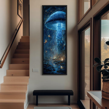 a large, colorful painting of a mushroom-like creature floating in a starry night sky, hanging on a wall in a hallway.