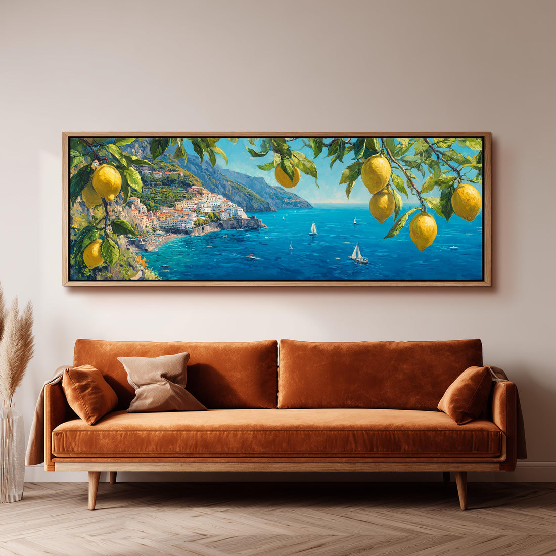 a large painting of a coastal town with lemon trees hanging over the water, creating a picturesque and serene scene.