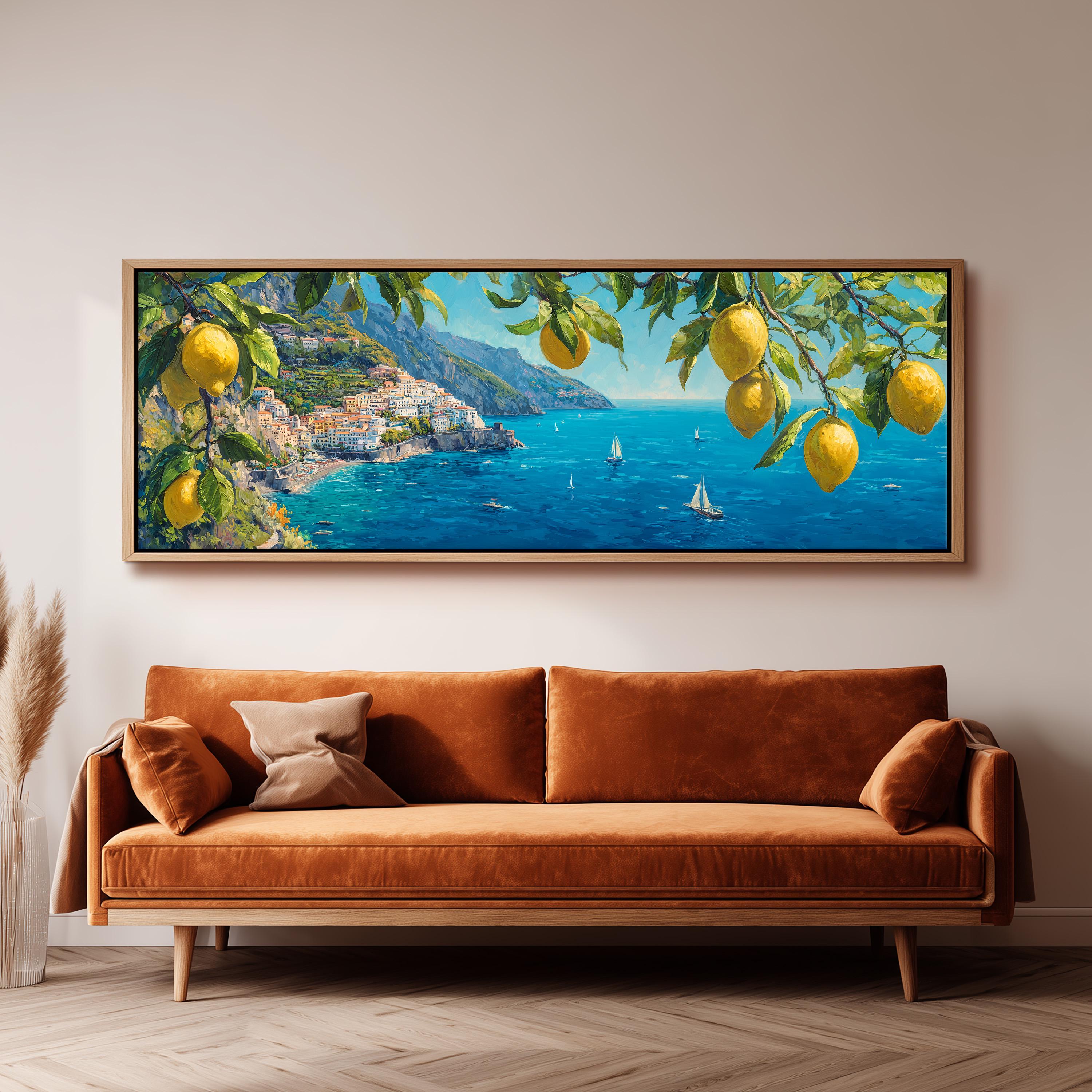 a large painting of a coastal town with lemon trees hanging over the water, creating a picturesque and serene scene.