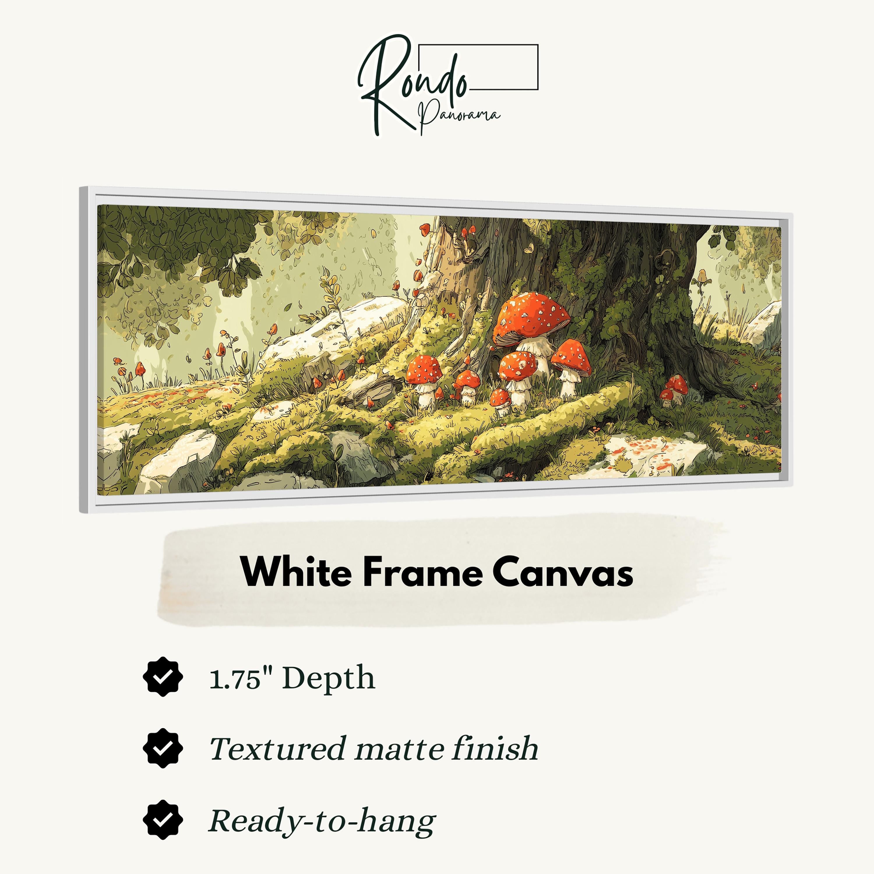 The image is a white frame canvas depicting a forest scene with mushrooms and other natural elements.