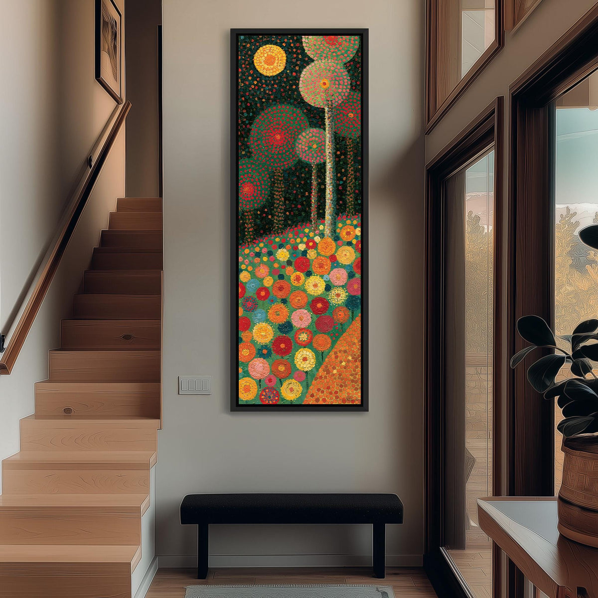 Moody dotted flower garden tall narrow canvas print beside a staircase in an entryway