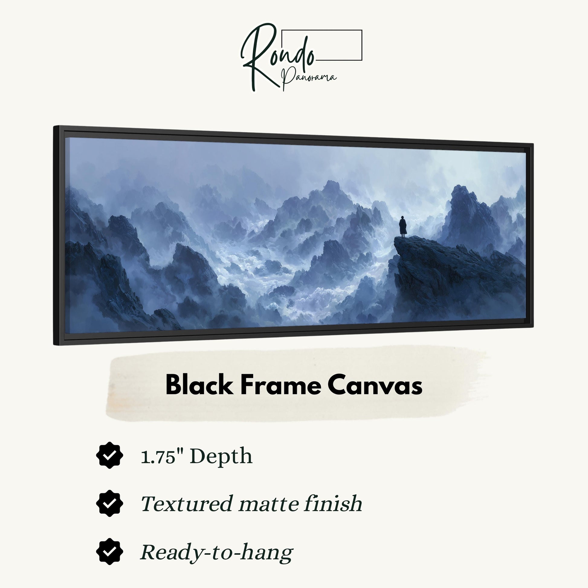 The image is a black frame canvas depicting a mountainous landscape with a lone figure standing on a cliff.