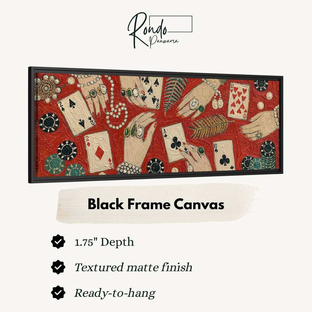 Playing cards, chips and jeweled hands canvas print in a black floating frame