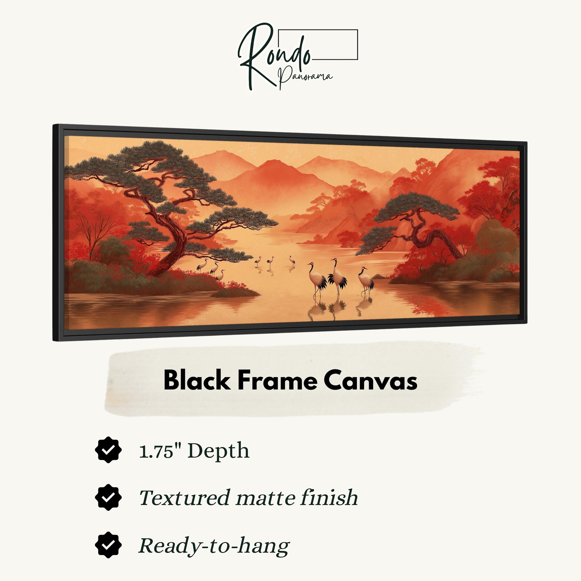 The image is a black frame canvas depicting a serene landscape with a lake, mountains, and trees.