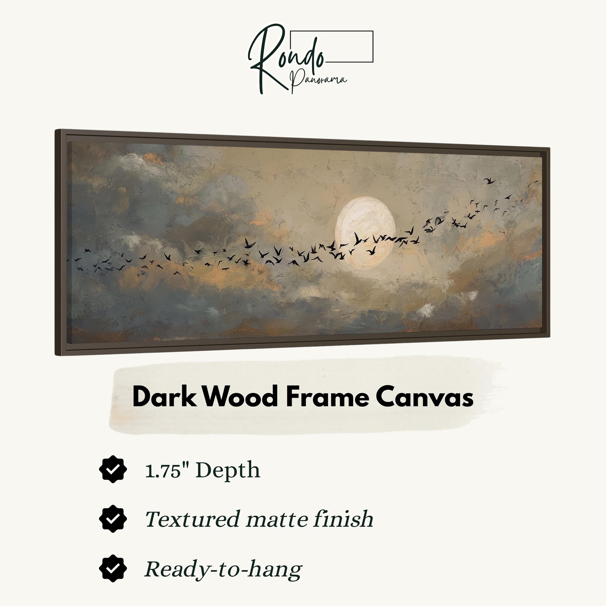 The image is a dark wood frame canvas depicting a flock of birds flying across a cloudy sky with a full moon.