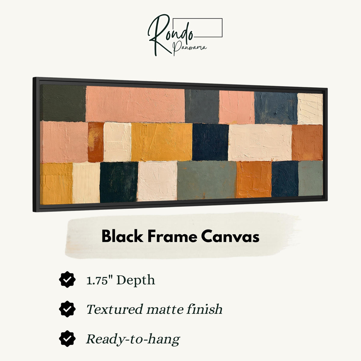 Mustard, sage, blush and navy patchwork canvas print in a black floating frame