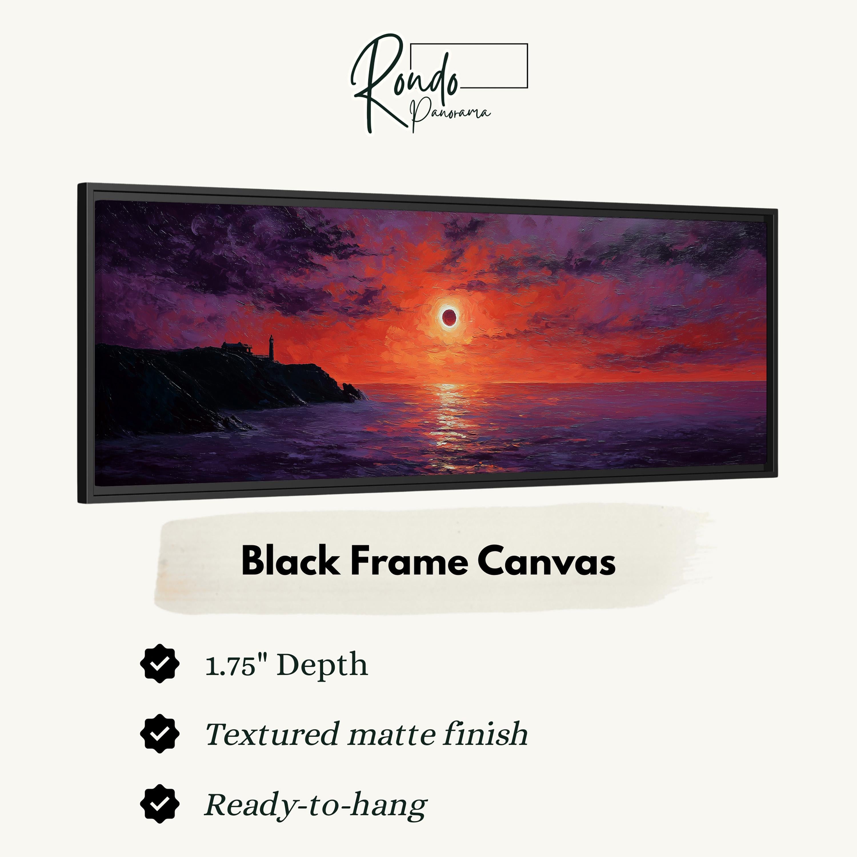 The image is a black frame canvas depicting a sunset over the ocean.