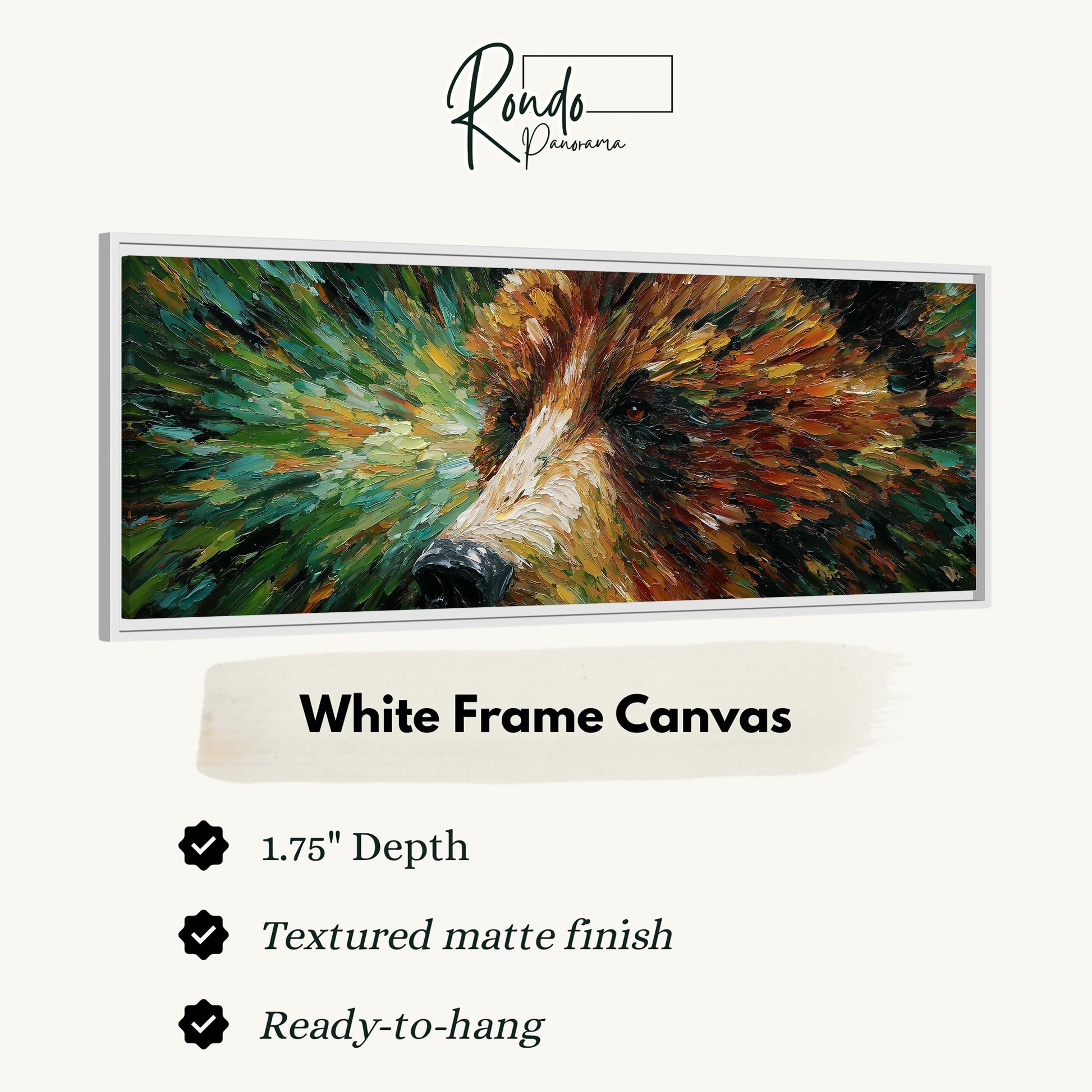 The image is a close-up of a painting of a bear's face, with a white frame around it.