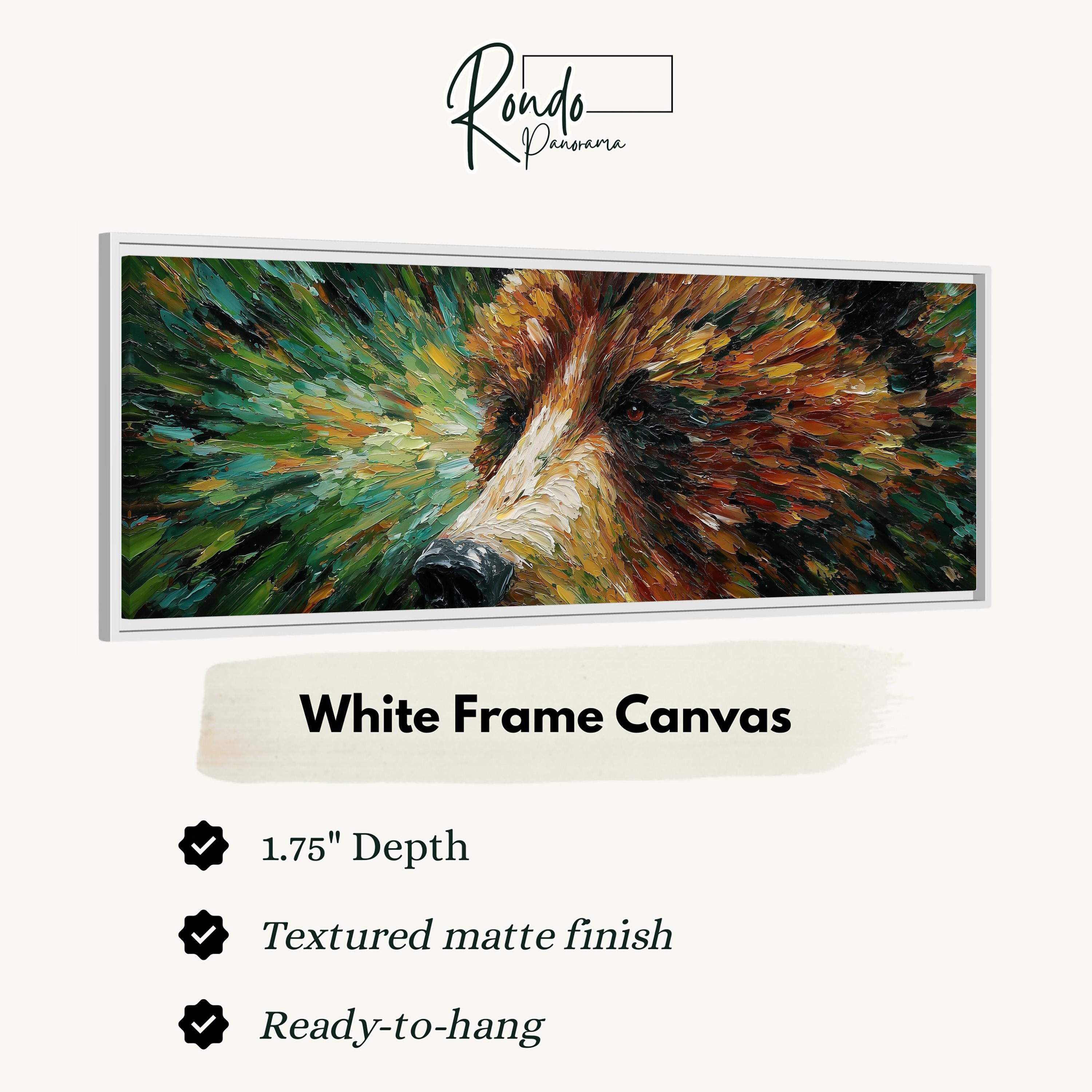 The image is a close-up of a painting of a bear's face, with a white frame around it.