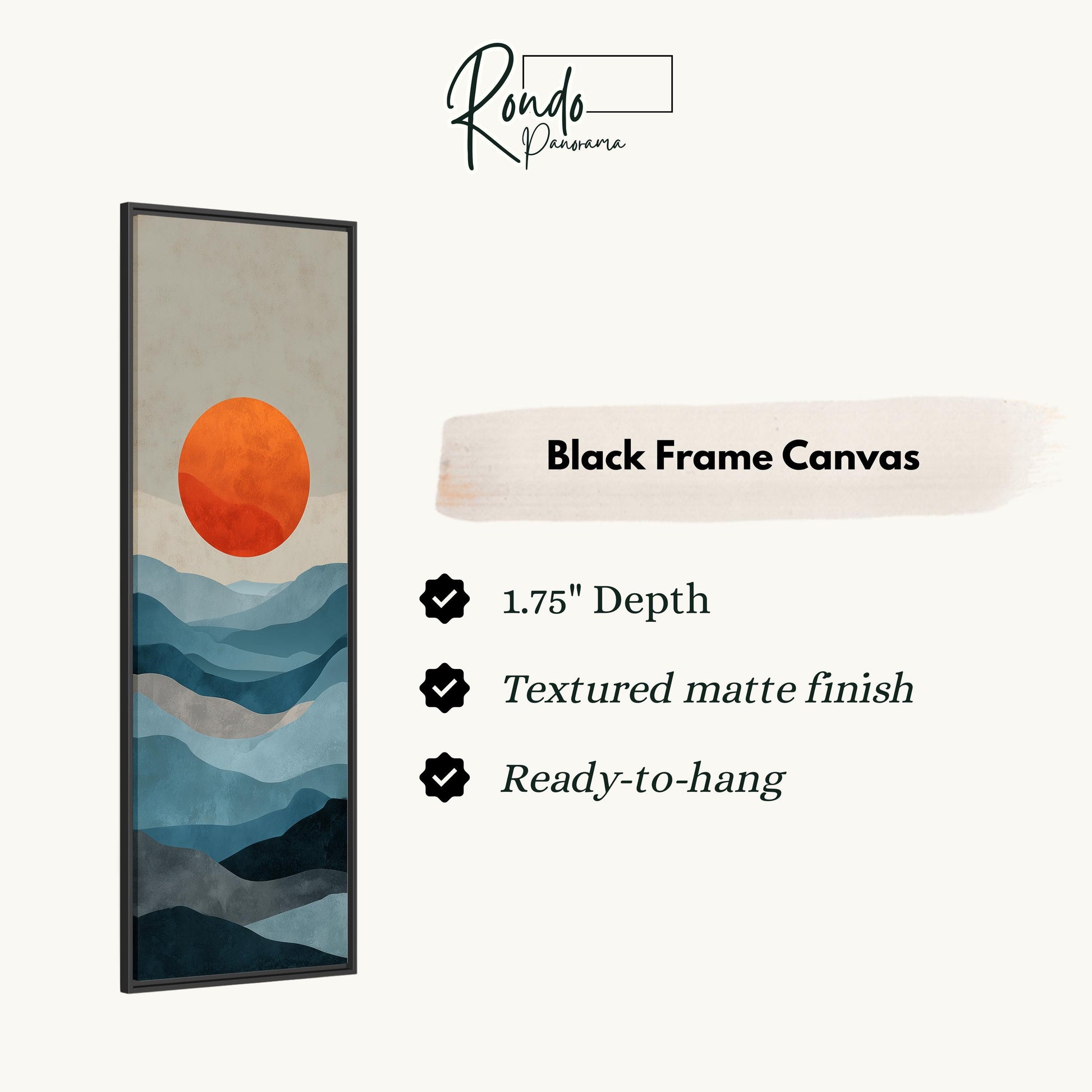 The image is a black frame canvas depicting a landscape with mountains and a sun.