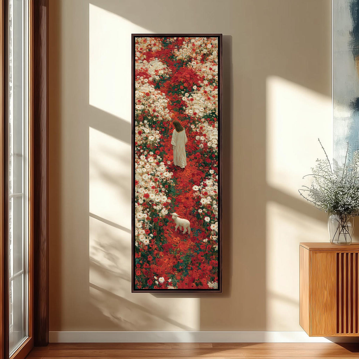 Jesus with a lamb in a red flower field long vertical canvas print in a sunlit living space