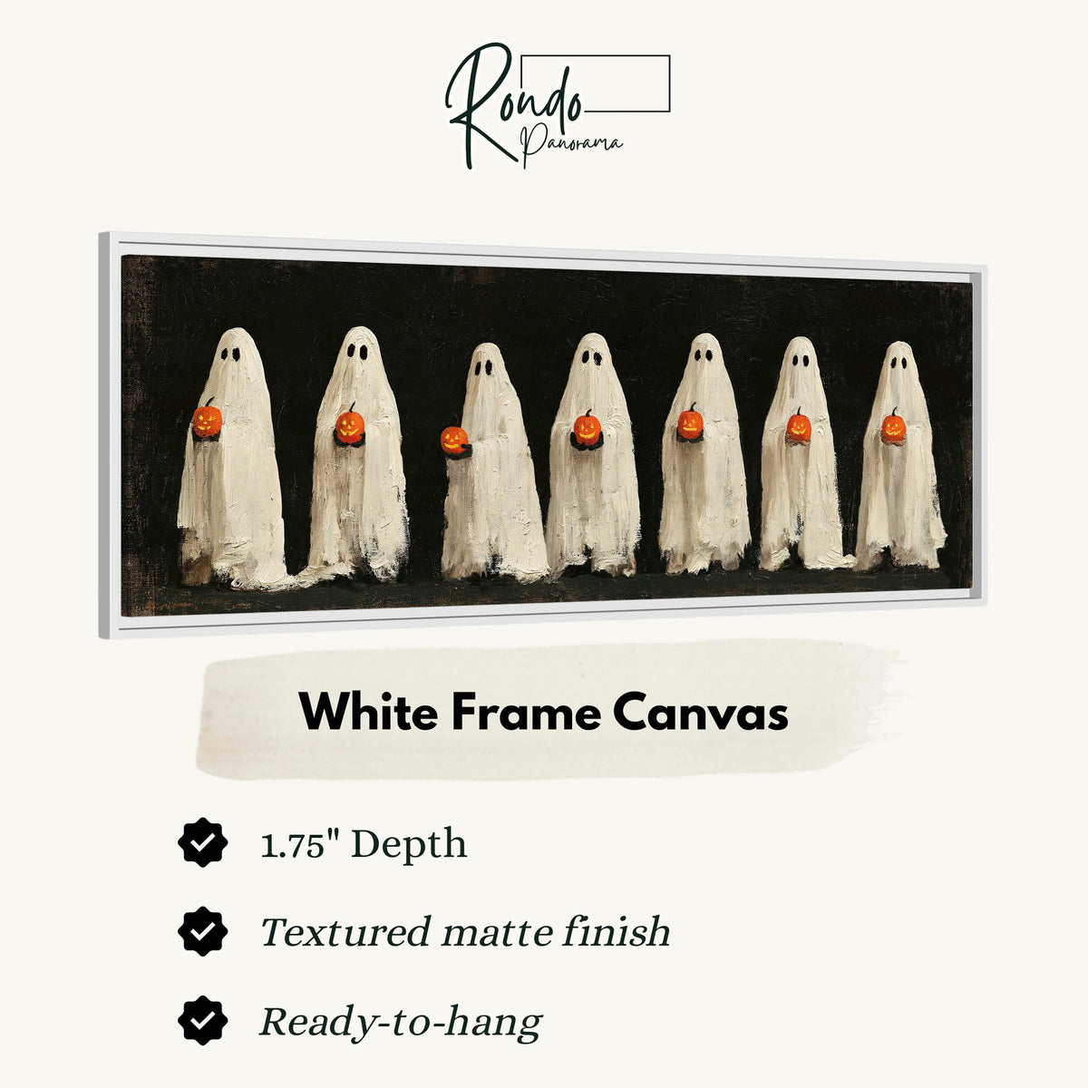 Row of ghosts holding pumpkins canvas print in a white floating frame