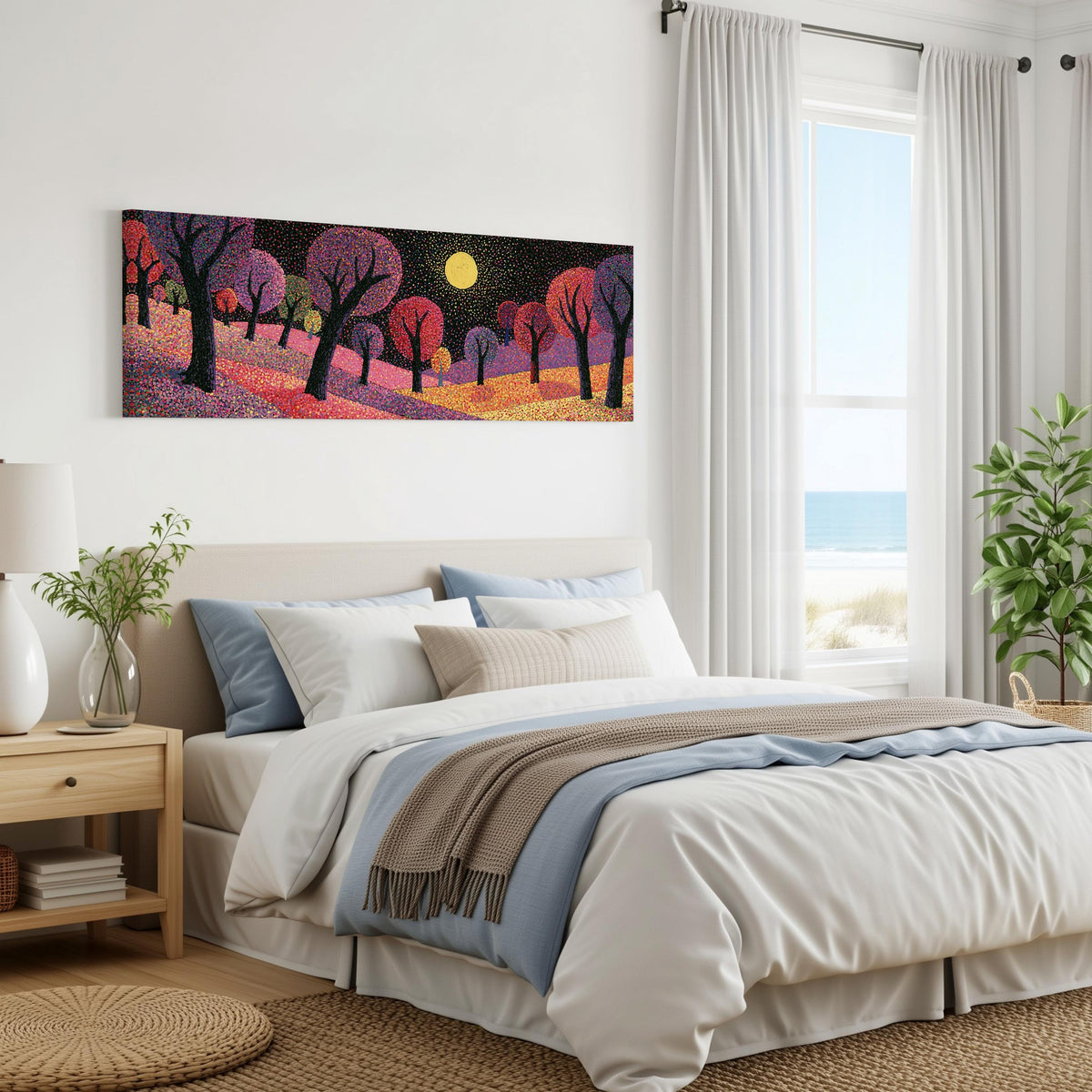 Purple dusk forest under the moon panoramic canvas print above a bed in a coastal bedroom