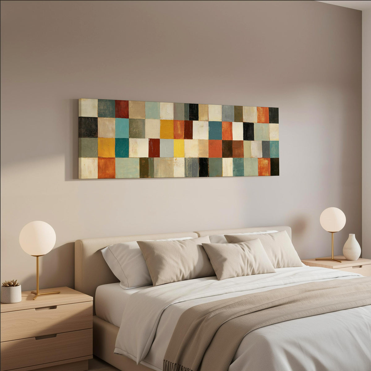 Colorful checkerboard mosaic grid wide panoramic canvas print above a bed in a neutral bedroom