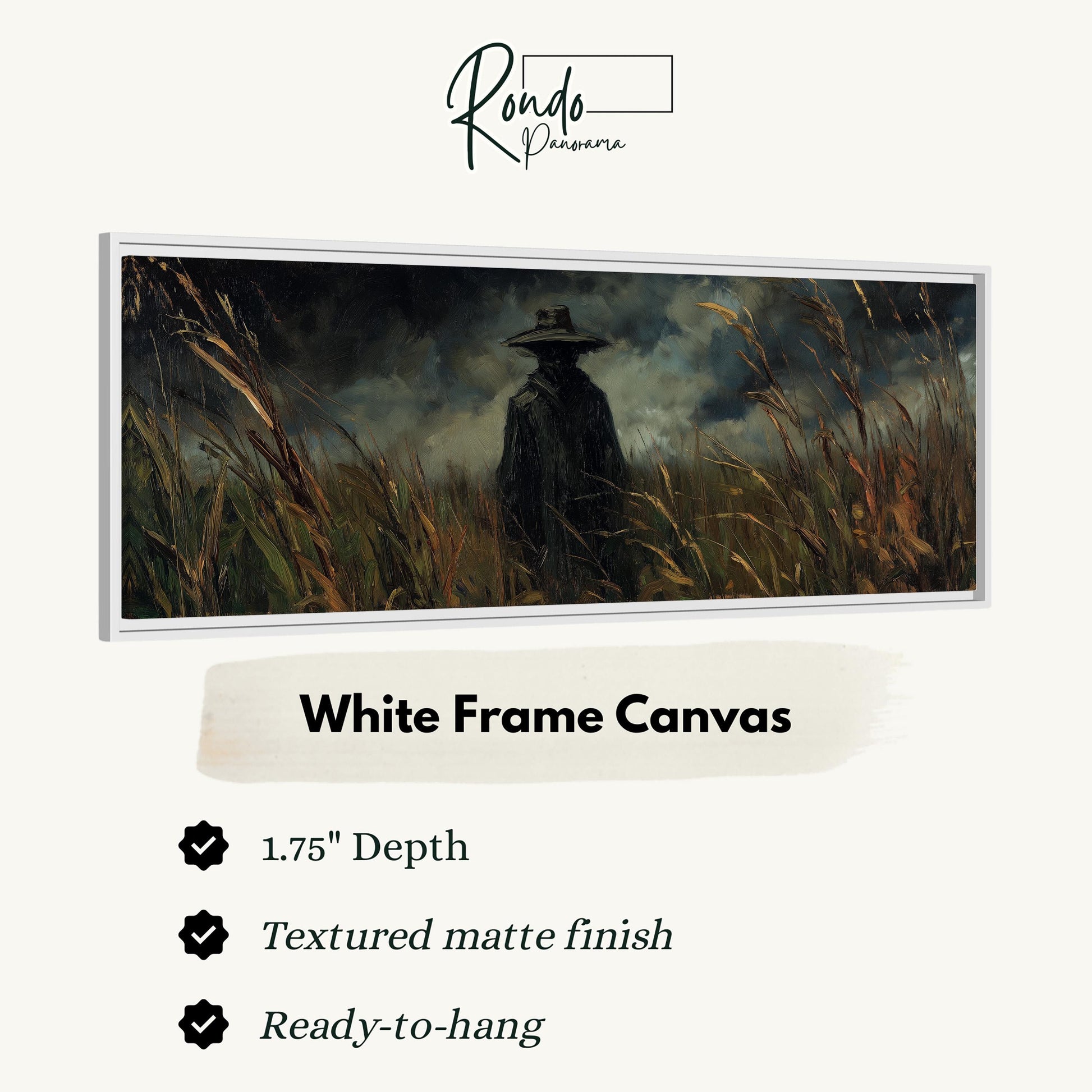 The image is a white frame canvas depicting a person in a field of tall grass.
