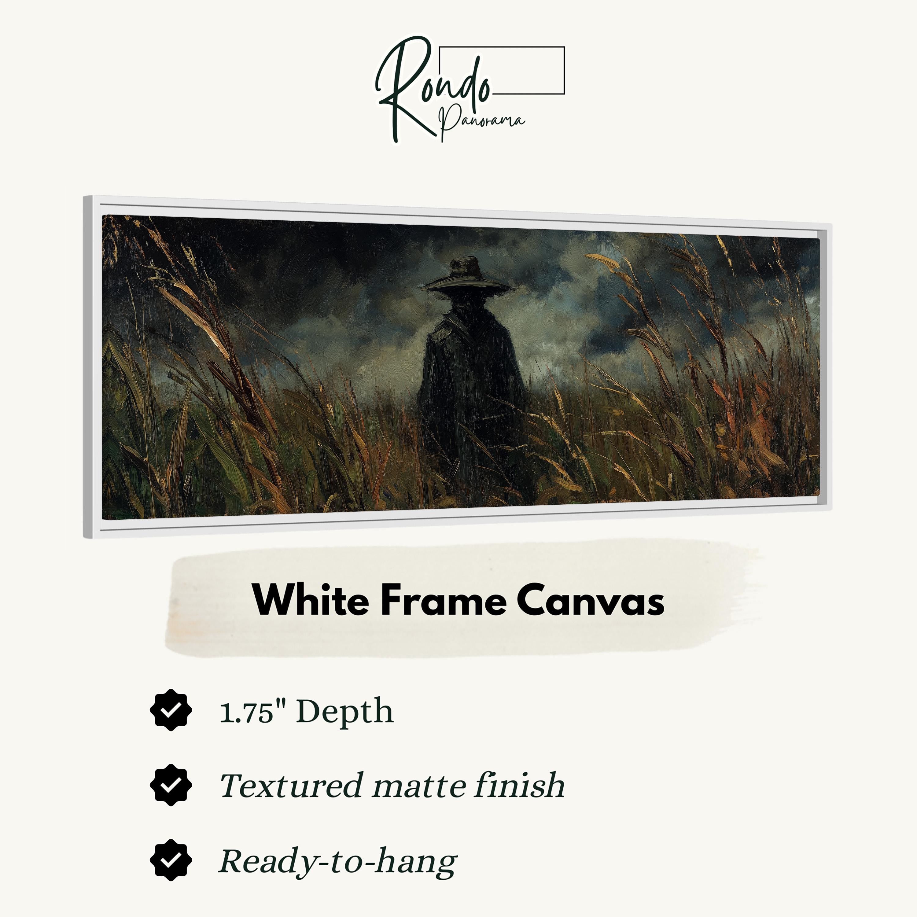 The image is a white frame canvas depicting a person in a field of tall grass.