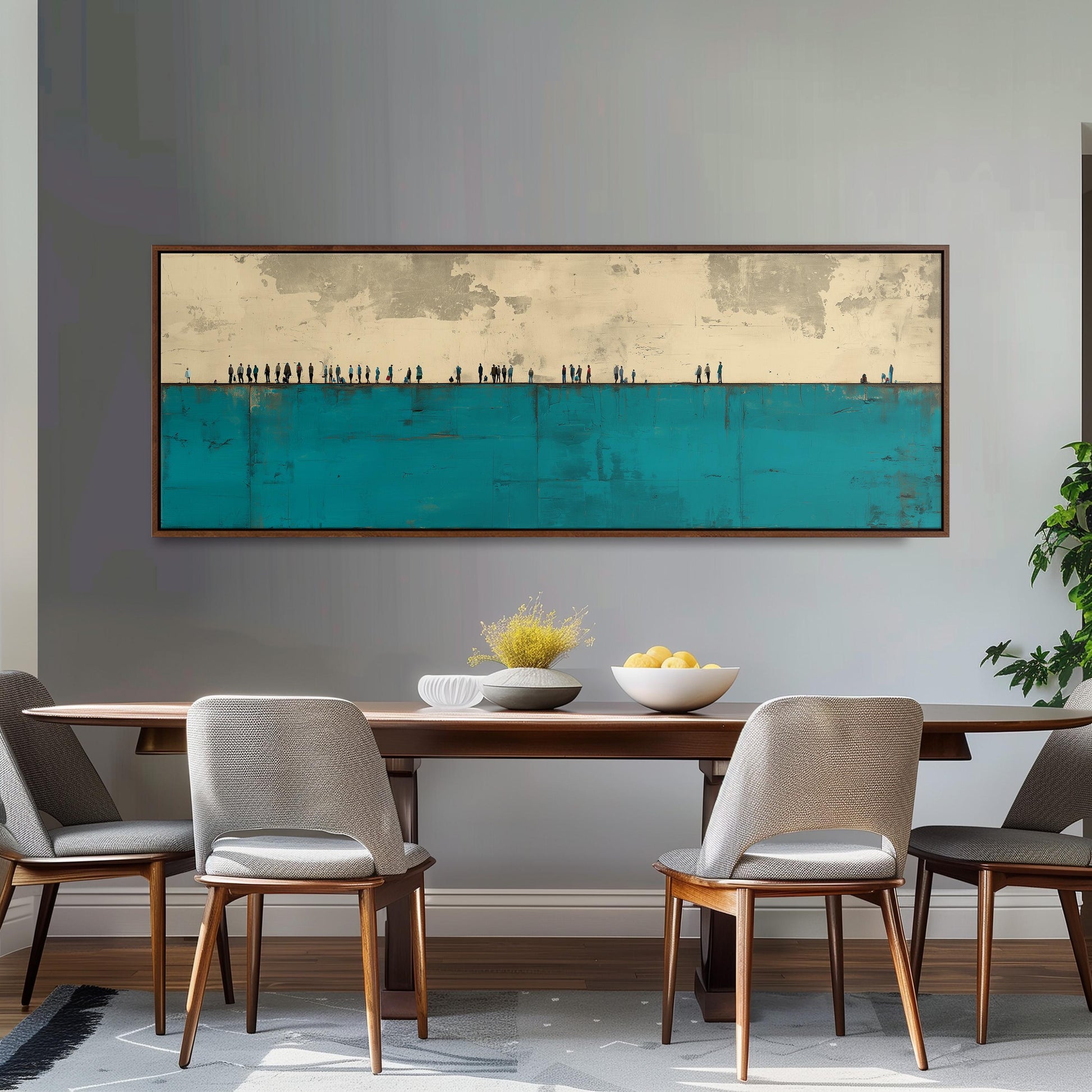 a dining room with a wooden table and four chairs. Above the table, there is a large painting depicting a seascape with a blue sky and white clouds. The painting is framed and hangs on the wall above the table.