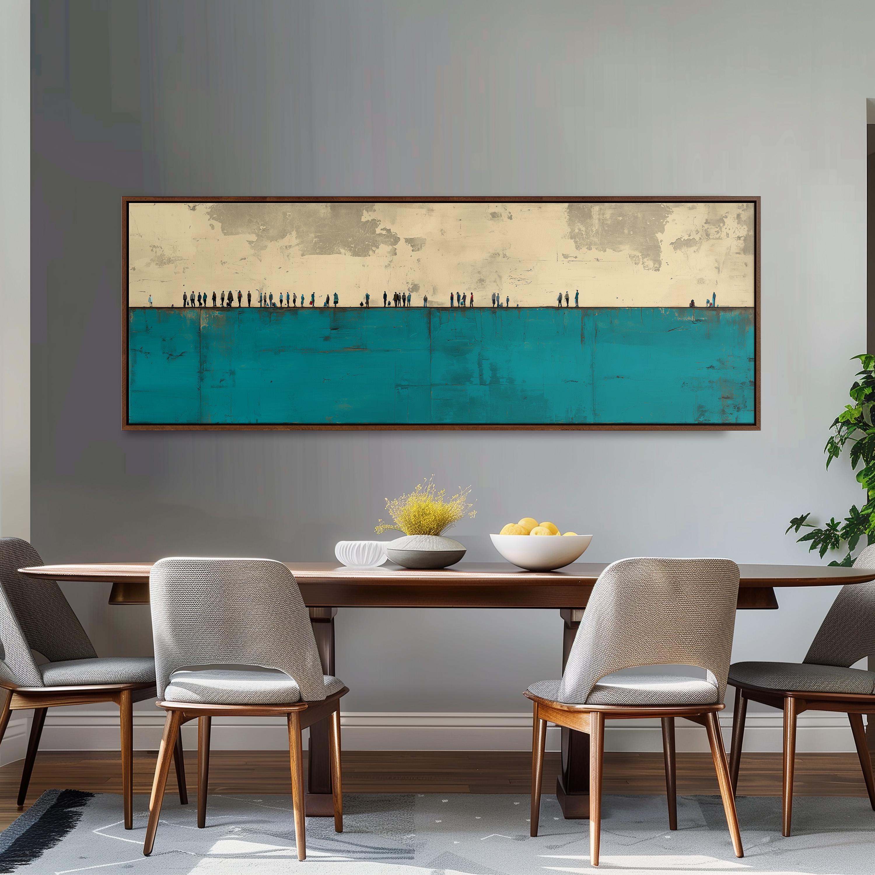 a dining room with a wooden table and four chairs. Above the table, there is a large painting depicting a seascape with a blue sky and white clouds. The painting is framed and hangs on the wall above the table.