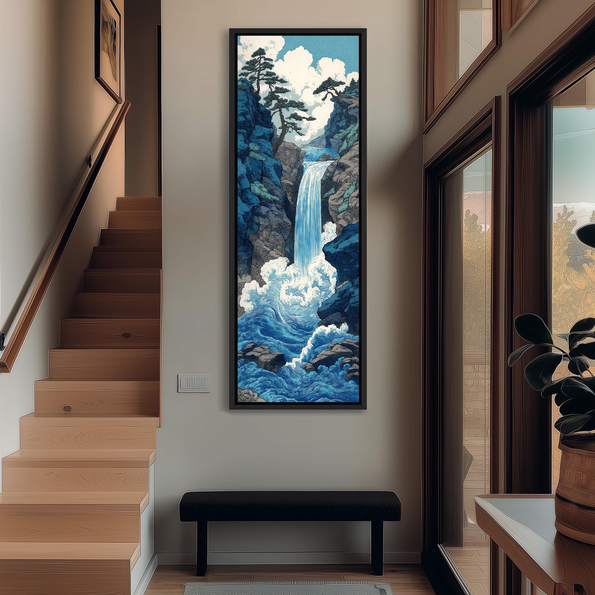 a large painting of a waterfall hanging on the wall of a hallway.