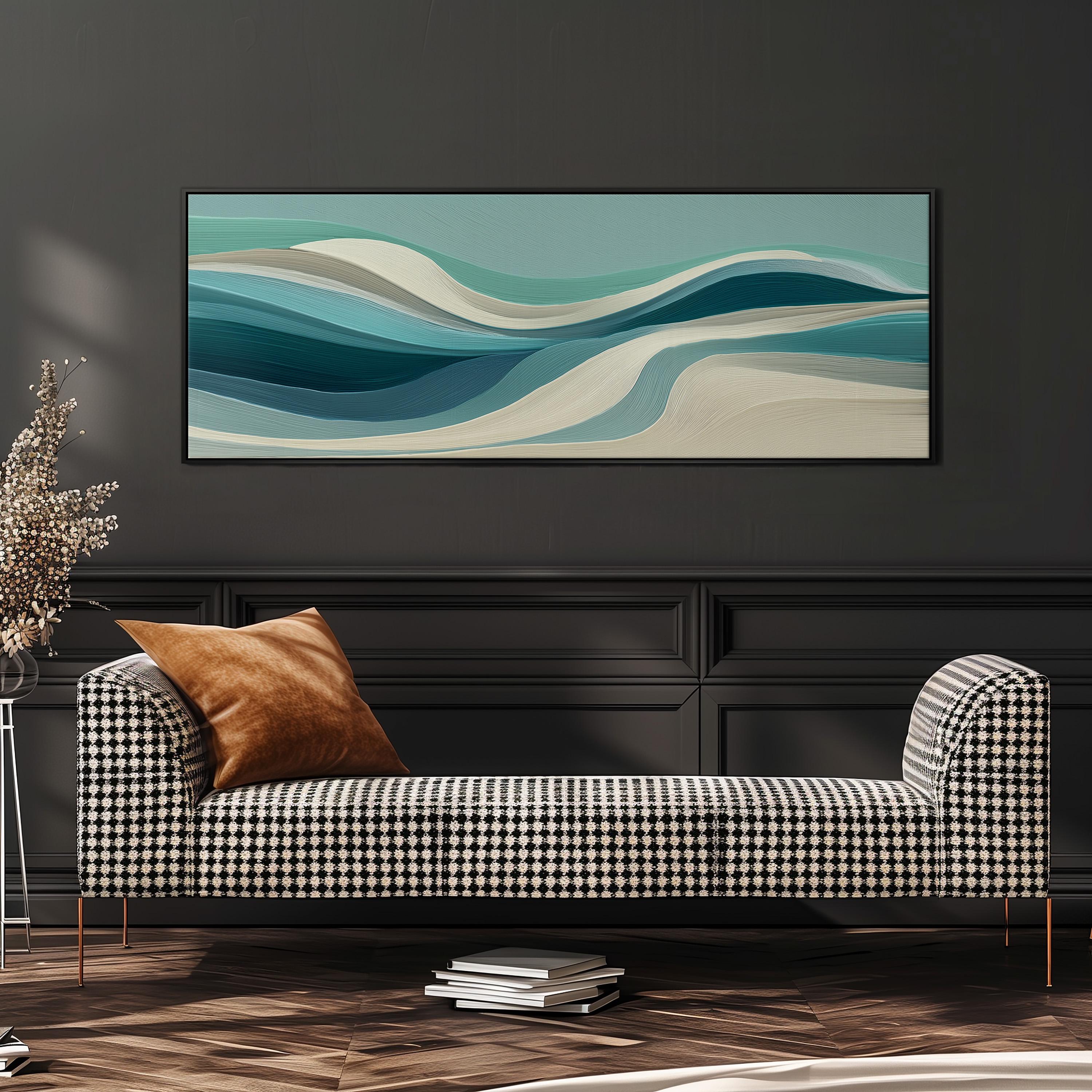 a modern living room with a black and white checkered sofa, a stack of books, and a large abstract painting on the wall.