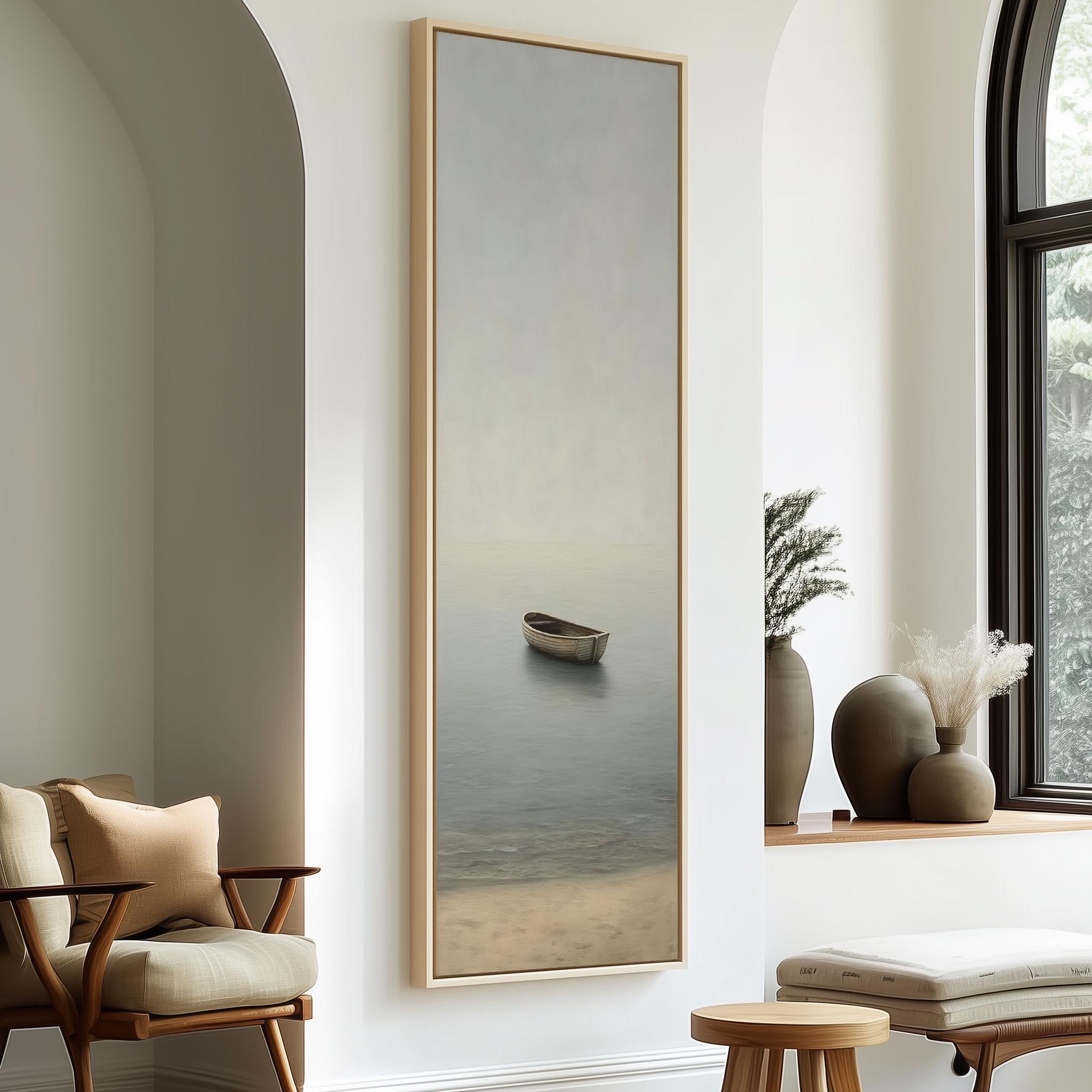 a serene indoor setting with a large painting of a boat on the wall, a wooden chair, a small table, and a window with a plant on the sill.